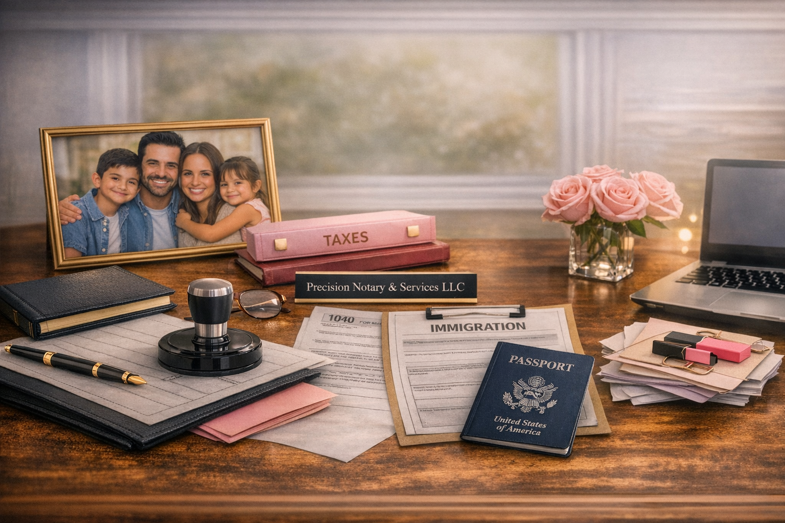 Office desk with a family photo, a pink 'Taxes' folder, a notary service sign, sheets of immigration forms, a passport, a laptop, a glass vase of pink roses, and various office supplies.