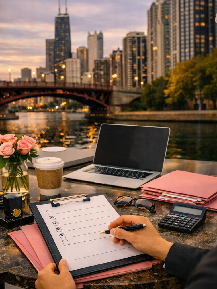 A person writing on a clipboard with checkboxes, seated at an outdoor desk with a laptop, pink folders, a calculator, eyeglasses, a coffee cup, & a vase of pink roses, overlooking a city river & skyline at sunset.