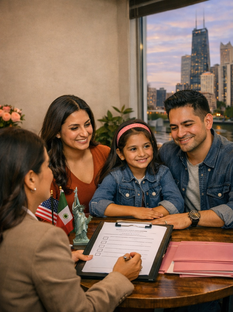A family having a meeting with a woman at a desk, signing a document, with Chicago skyline visible through the window behind them.