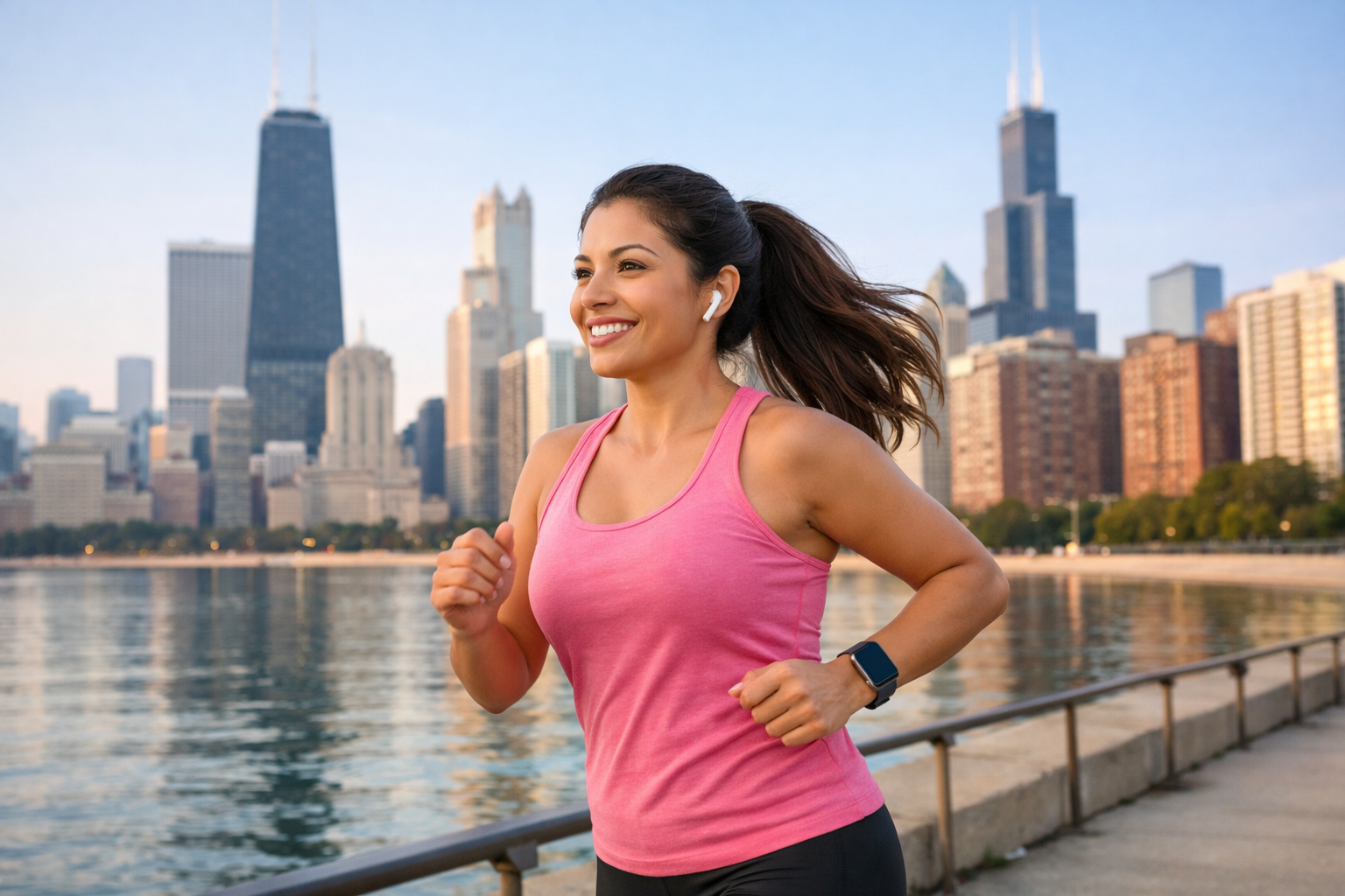 Woman jogging along the Chicago river with the city skyline in the background