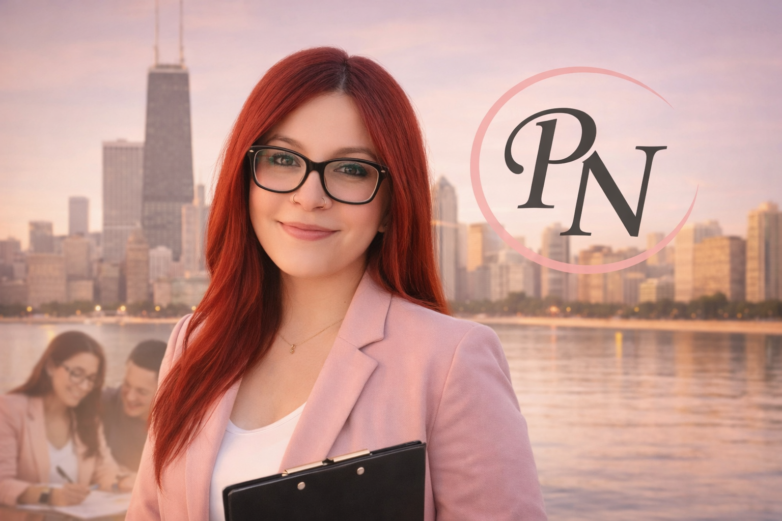 A woman with red hair glasses and a pink blazer stands outdoors near a river with a city skyline in the background. There is a logo with the letters 'PN' in a circle to the right of her.