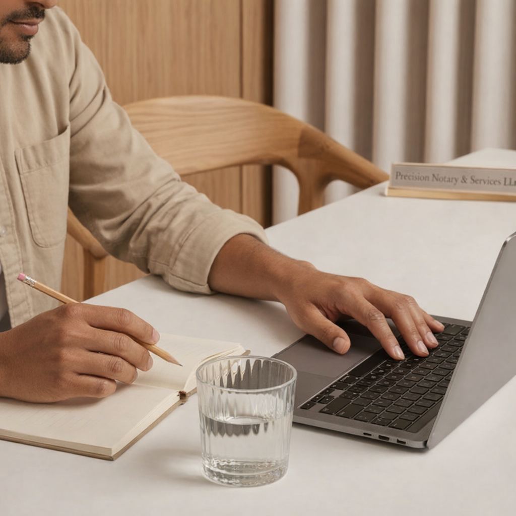 Person working at a white table, using a laptop and taking notes in a notebook, with a glass of water nearby.