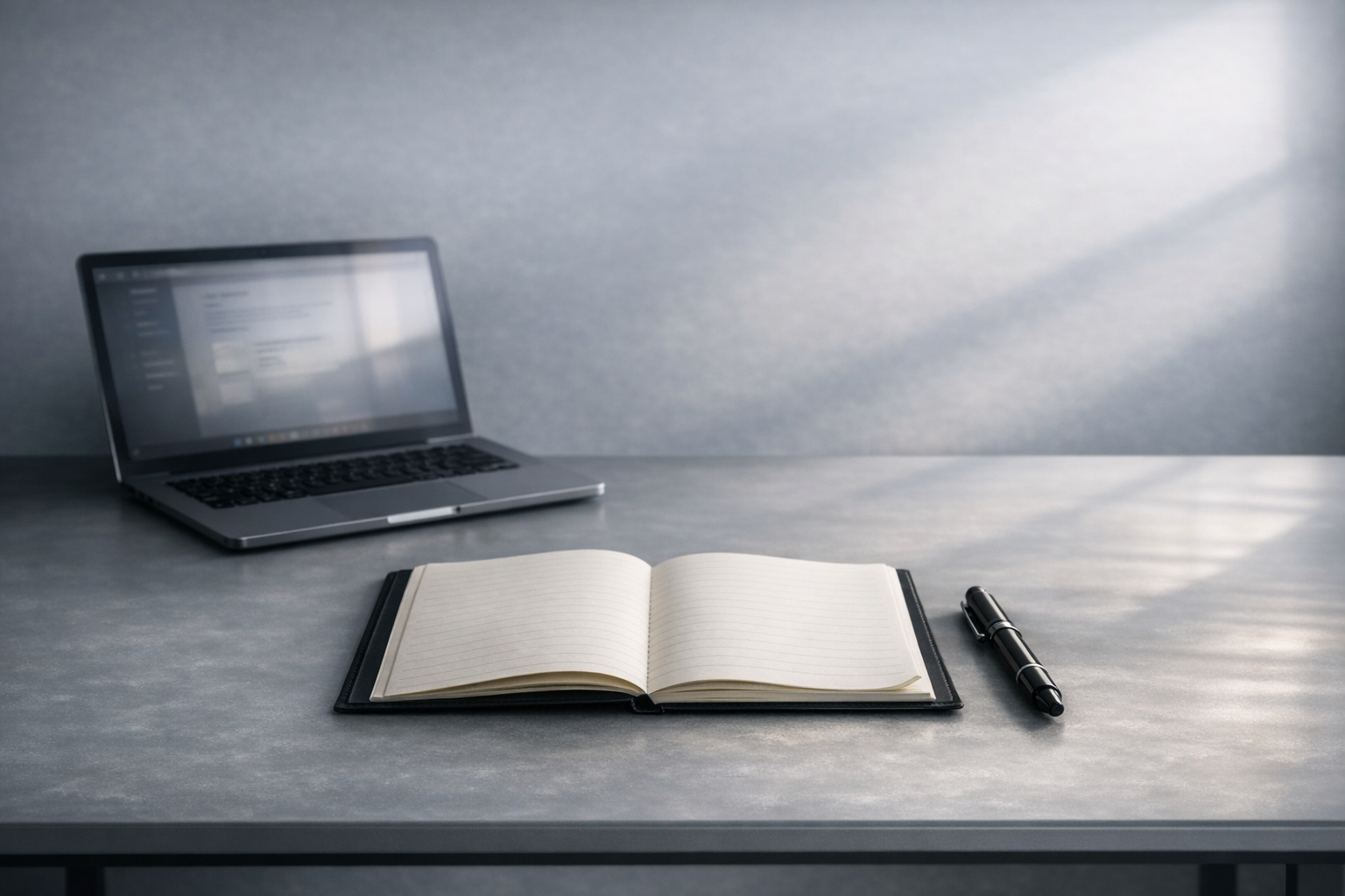 Open notebook with blank lines, closed black pen, silver laptop displaying a blurred screen, all on a gray table with a gray background.