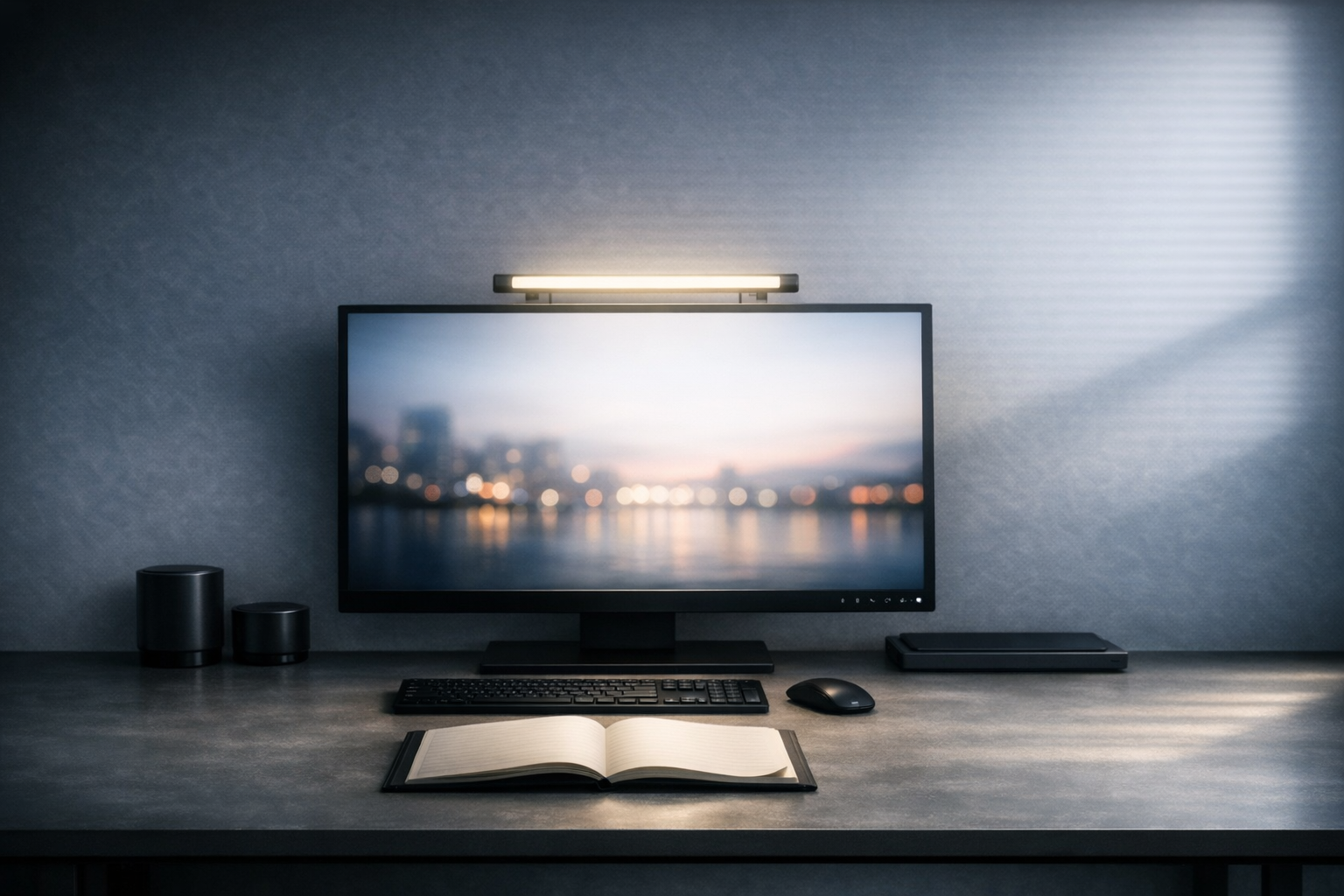 Office desk with a computer monitor displaying a blurred cityscape at dusk, a keyboard, mouse, open notebook, and small speakers, with soft lighting and a textured wall background.