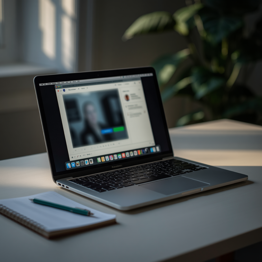 A laptop with an open video call window on the screen, placed on a white desk next to a closed notebook and pen, with a large green plant in the background.