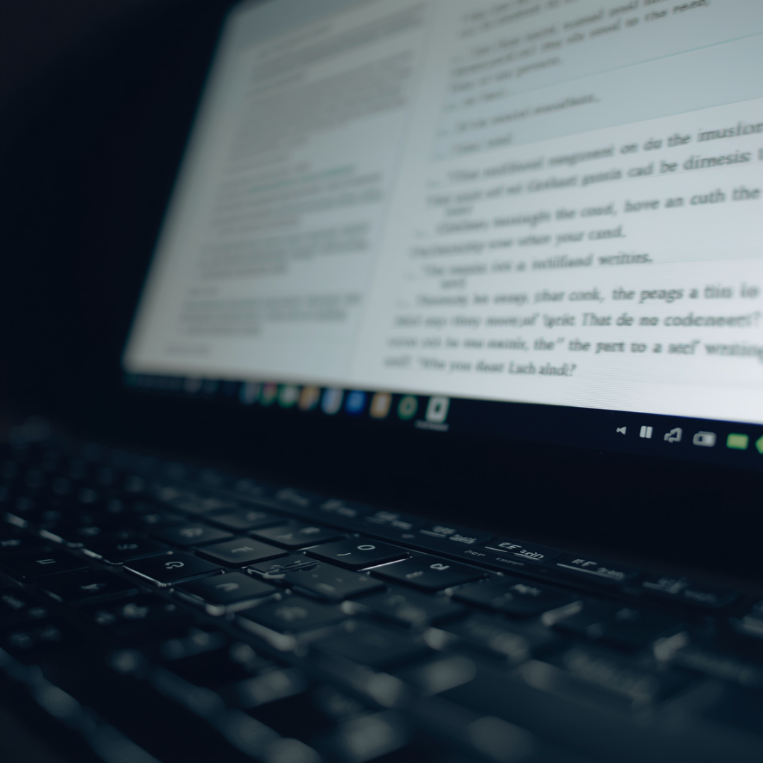 Close-up of a laptop keyboard and screen showing a blurred document or webpage.