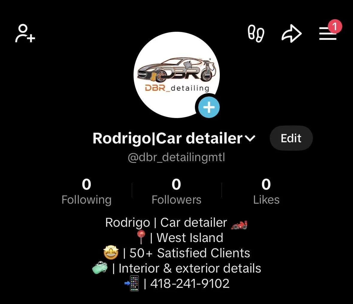 Mobile social media profile page for Rodrigo, a car detailing service, showing profile picture with a car and cleaning tools, and details including location in West Island, over 50 satisfied clients, services for interior and exterior detailing, contact phone number.