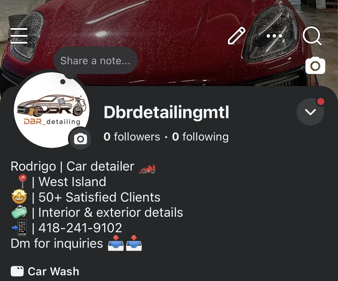 Facebook profile page for Dbrdetailing, a car detailing service in West Island. The profile has no followers or following. The cover photo shows a close-up of a red car's hood with water spots. The profile picture is a logo with a car, detailing tools, and the text "DBR detailing." The page includes contact info, location, and a note about interior and exterior details.