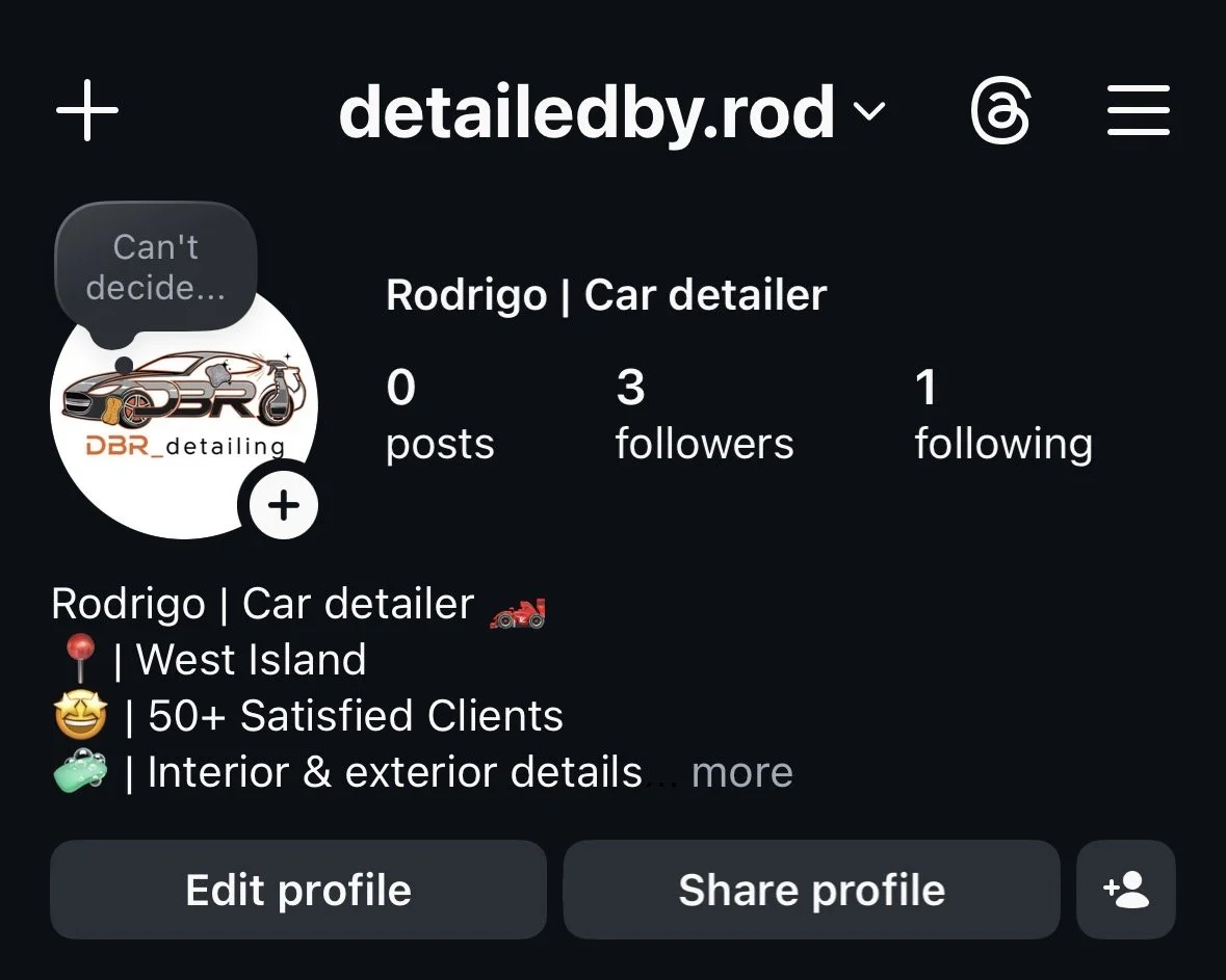 Screenshot of a social media profile for Rodrigo, a car detailer, with 0 posts, 3 followers, and 1 following. The profile includes a logo with a stylized car and detailing tools, and text mentioning West Island, 50+ satisfied clients, and interior and exterior details.