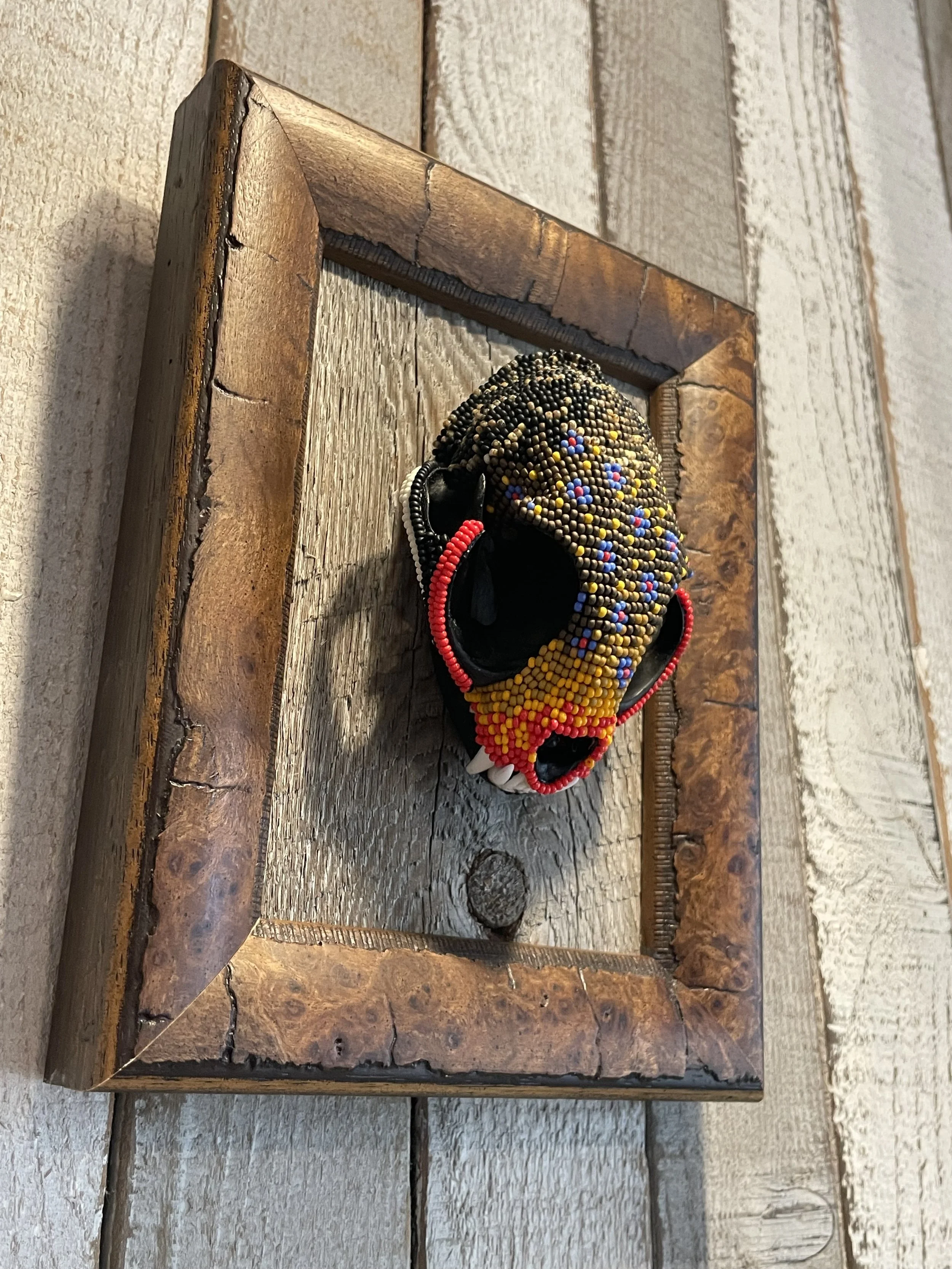 Decorative bobcat skull with colorful beads displayed on a wooden shelf framed with aged wood, mounted on a textured wall.