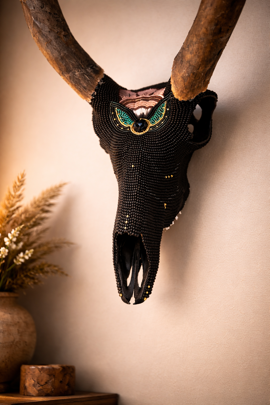 Decorative animal skull mounted on the wall, adorned with intricate beaded jewelry around the eye sockets and nose, and set against a beige wall. There is a vase with dried flowers and a wooden base on a surface below.