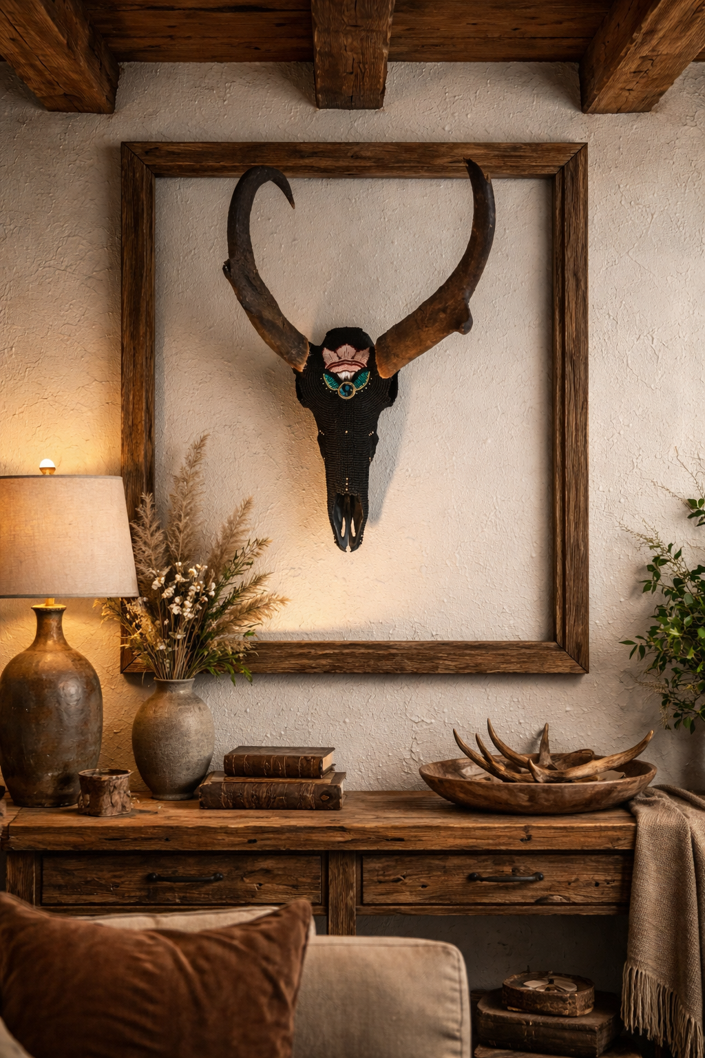 A decorative wall with a mounted pronghorn skull, surrounded by warm lighting, vases with dried flowers, vintage books, and wooden accents, creating a rustic interior decor style.