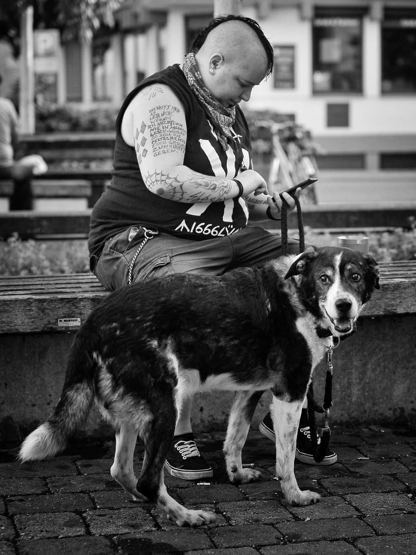 Eine Person mit kurzen Haaren, Tattoos an den Armen, die auf einer Holzbank sitzt und auf ein Smartphone schaut, während ein Hund in der Nähe steht und in die Kamera blickt.