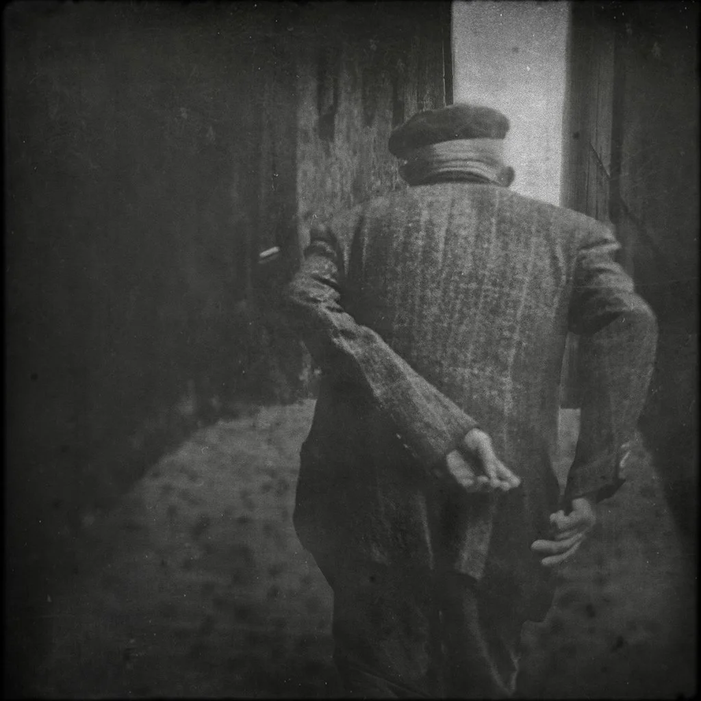 Schwarz-Weiß-Foto eines Mannes von hinten, der eine geschlossene Tür öffnet.