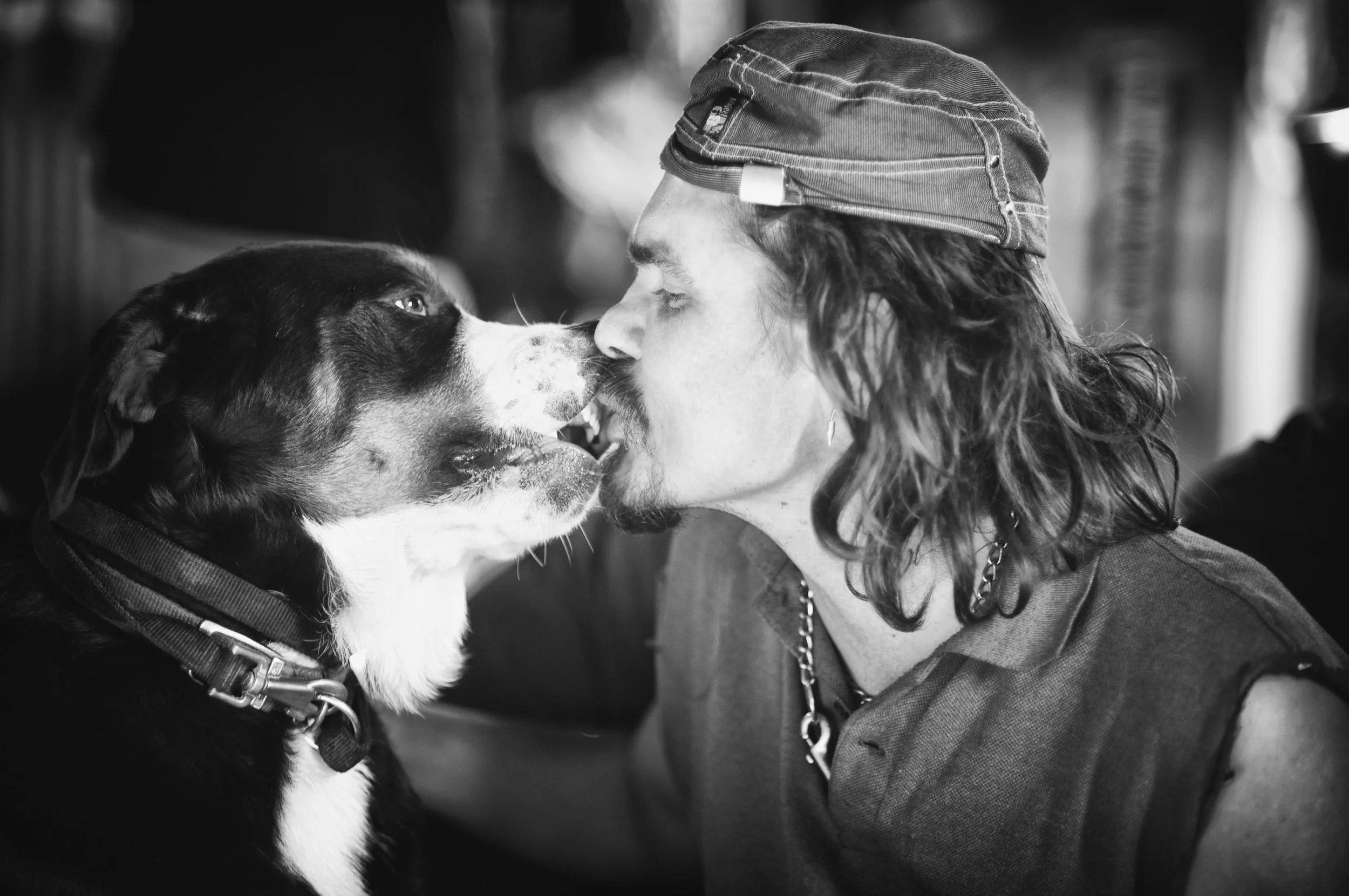 Ein Mann und ein Hund berühren sich mit den Nasen in einer Nähe, beide in Nahaufnahme, schwarz-weiß, emotionale Verbindung, innige Geste.