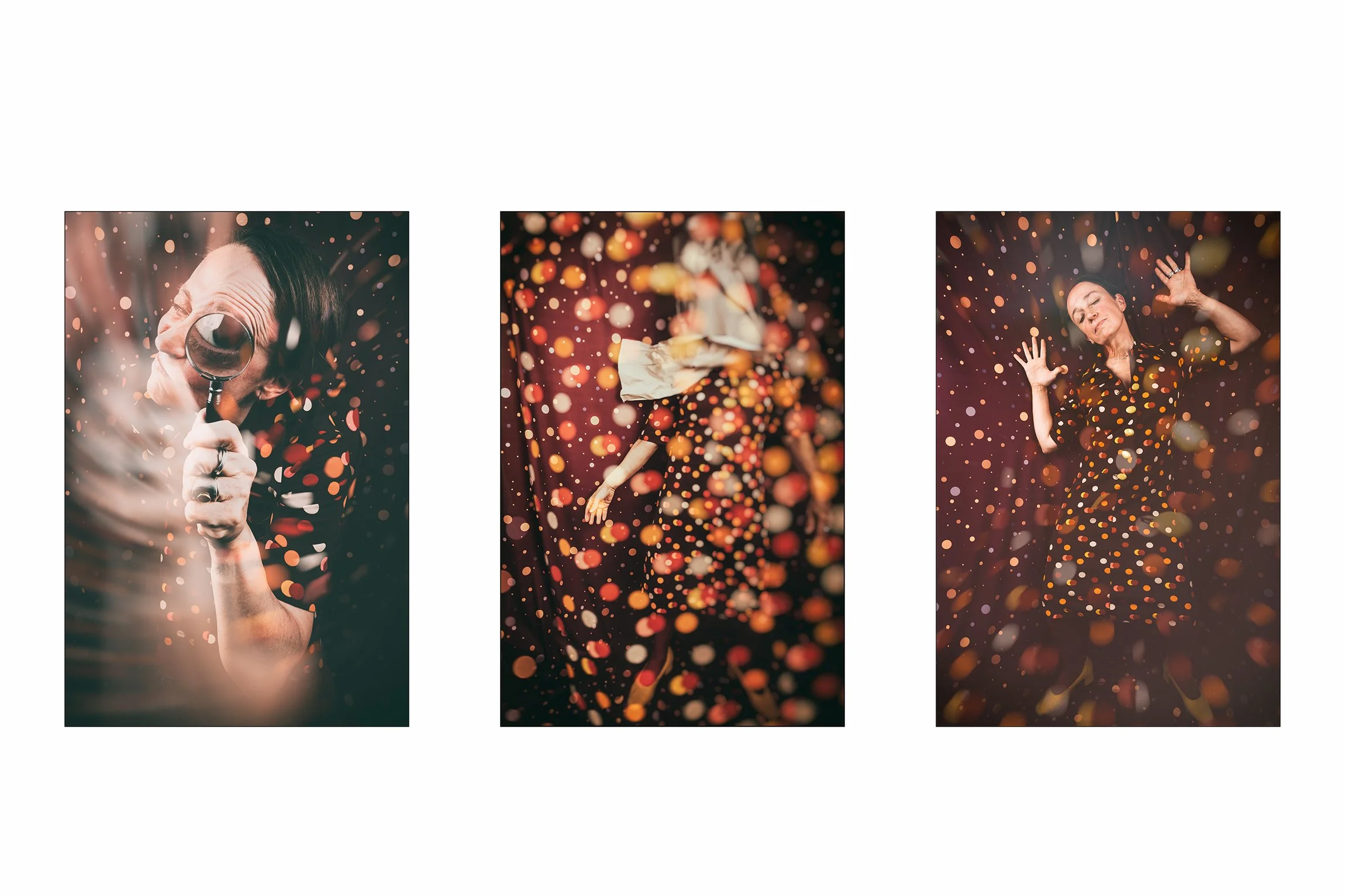 Drei künstlerische Fotos mit einer Frau, die in einer Umgebung voller bunter Konfetti posiert und spielt, mit variierenden Posen und Ausdrucksweisen.