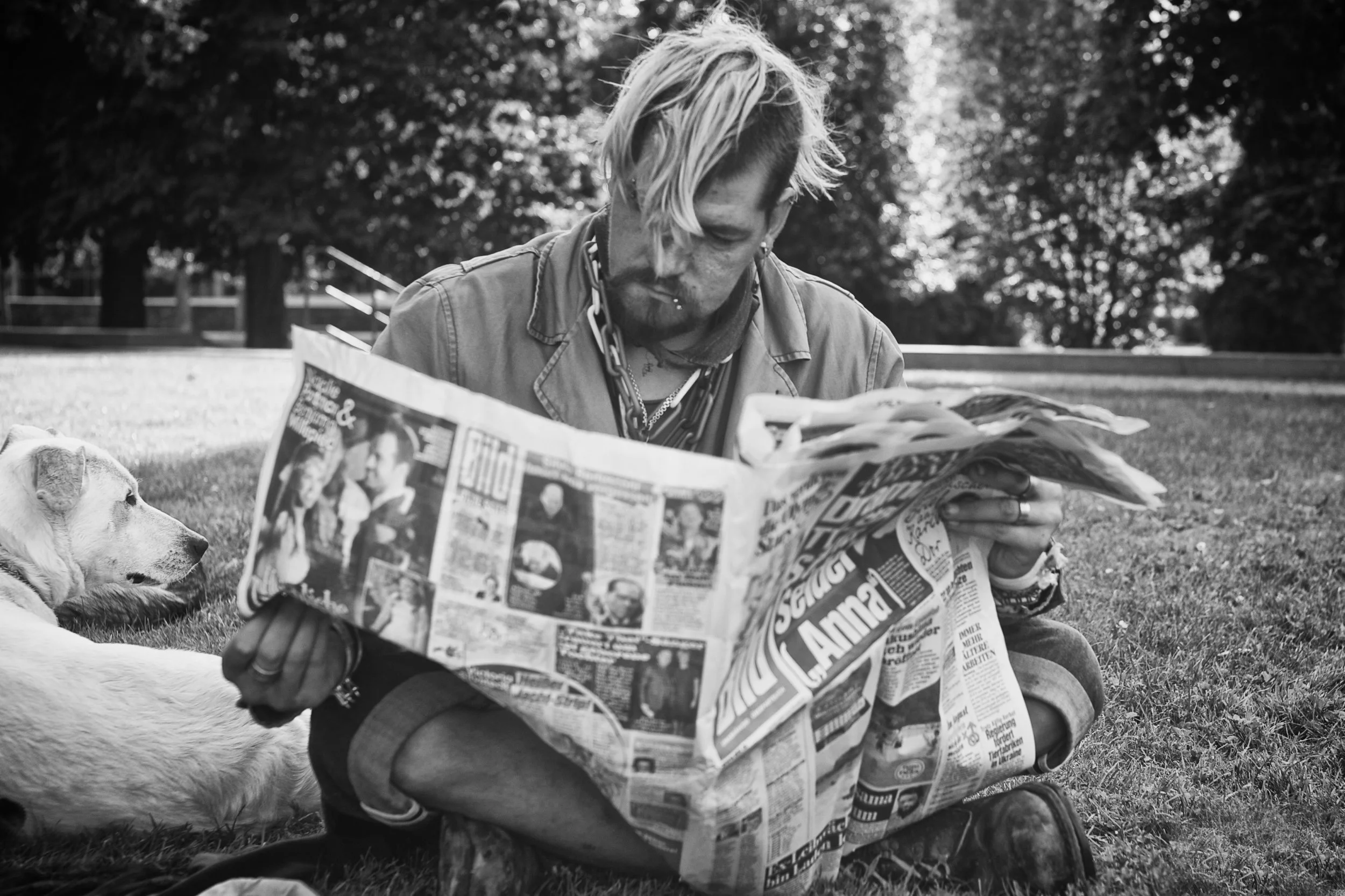 Mann mit kurzen blonde Haare, der im Park sitzt und Zeitung liest, neben einem liegenden Hund in einer grünen Parkumgebung.