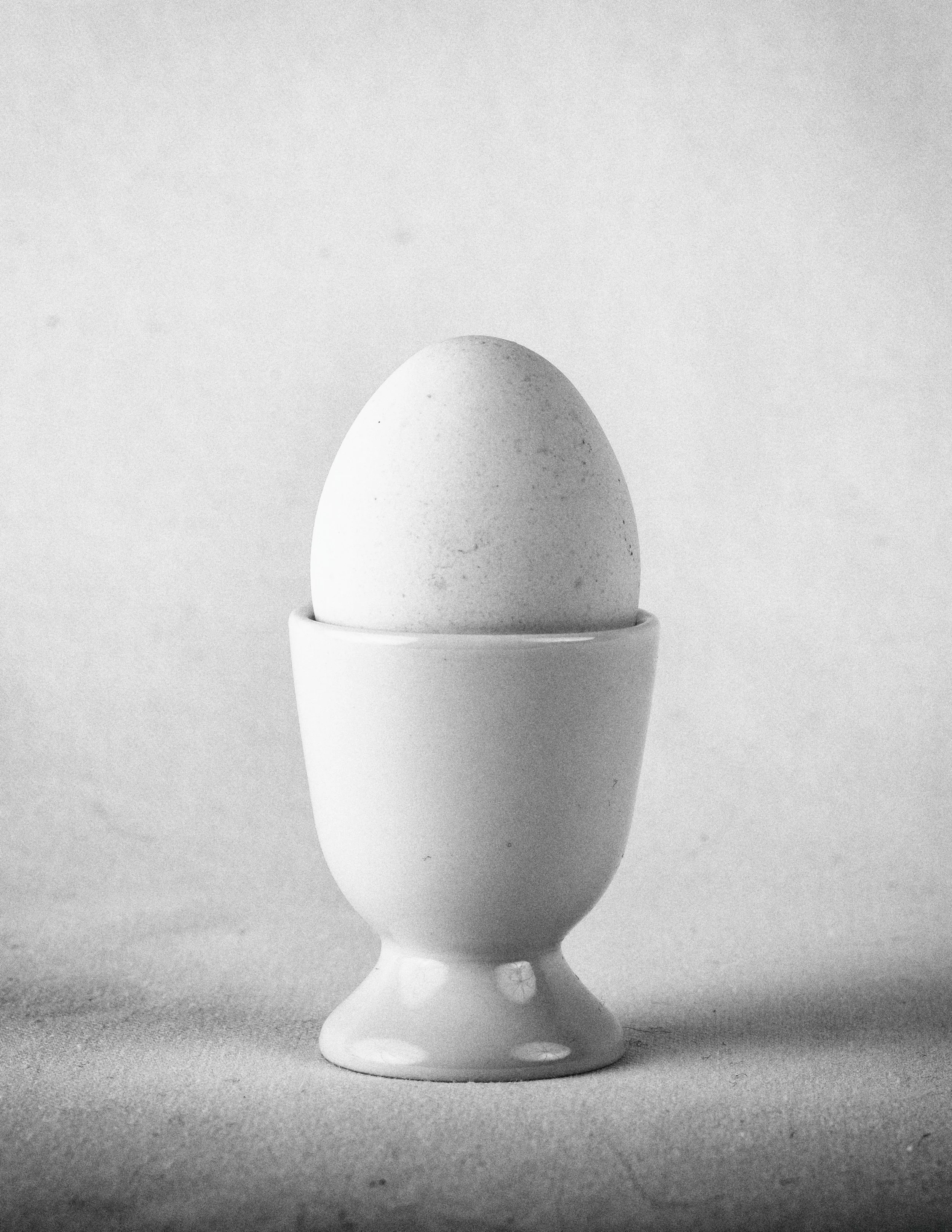 Ein weißes Hühnerei in einem Eierdosenhalter auf einer Oberfläche, im schwarz-weißen Stil fotografiert.