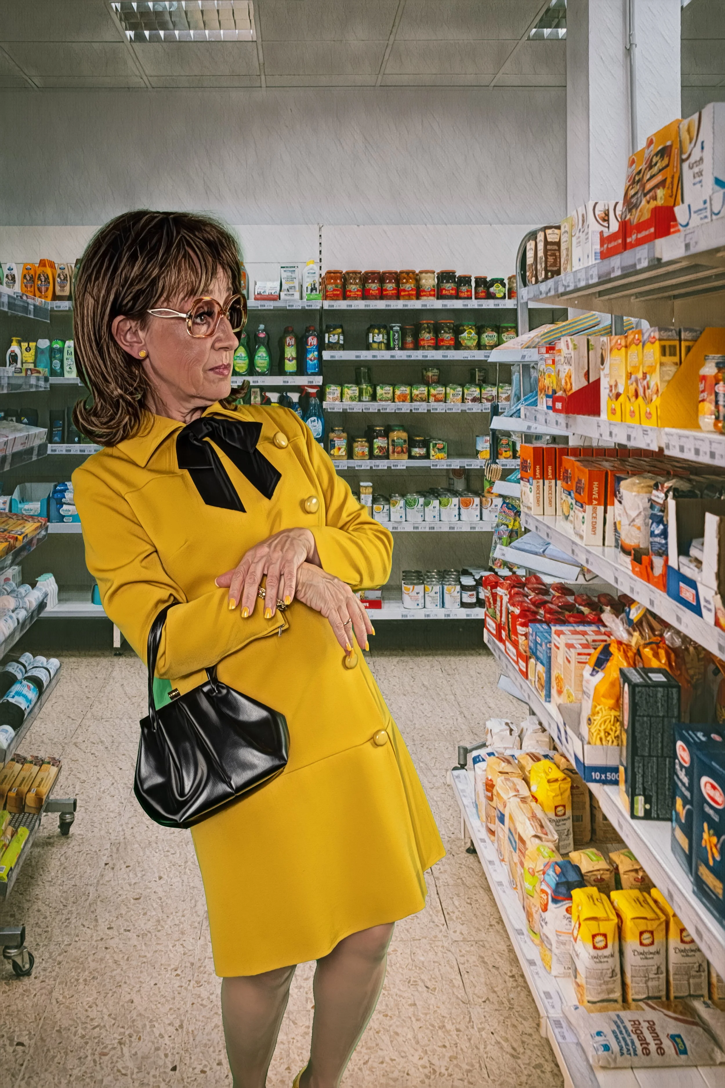 Eine ältere Frau in einem gelben Mantel und schwarzen Accessoires steht in einem Supermarkt vor Regalen mit Lebensmitteln, schaut nach links und hat die Arme vor der Brust verschränkt.