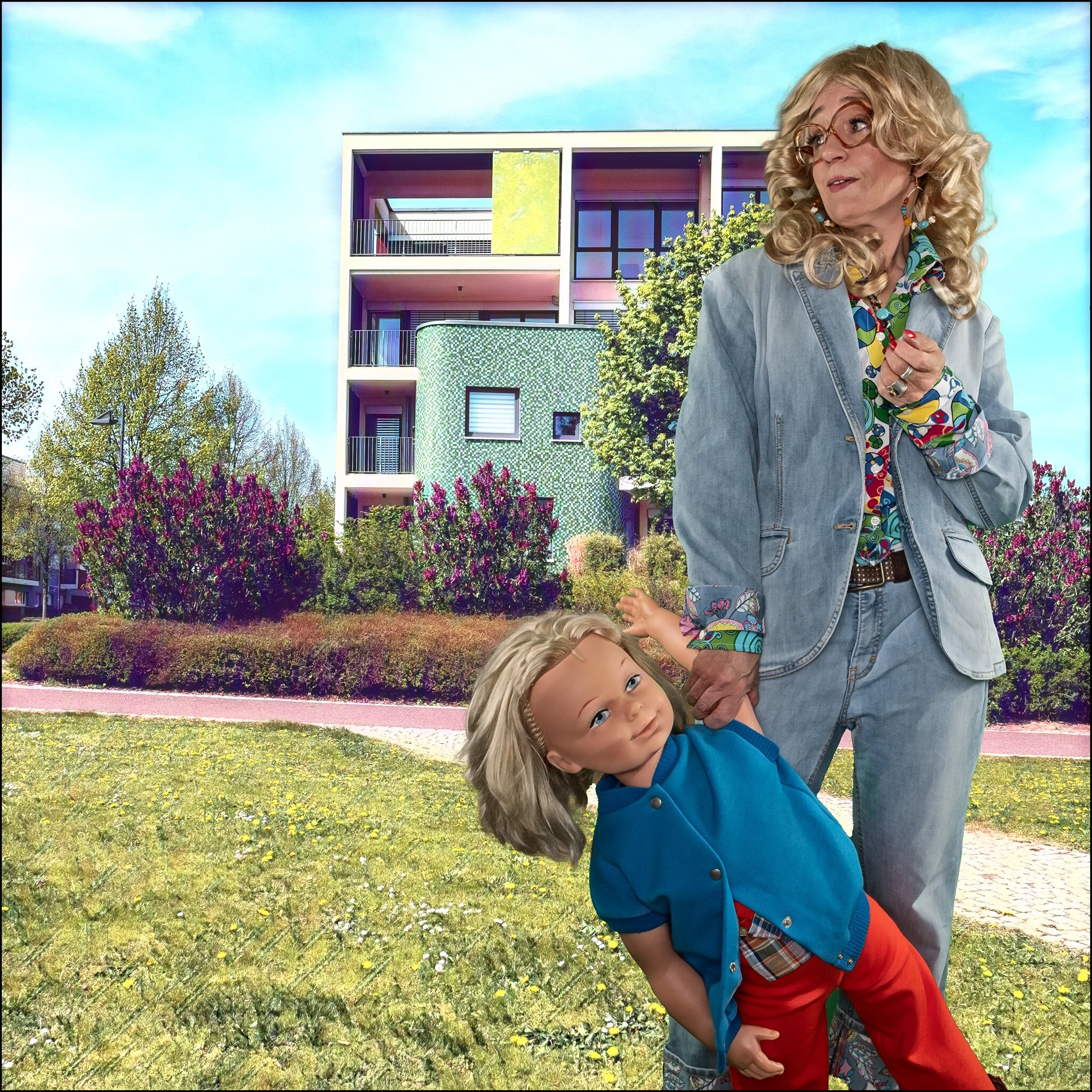 Ein älterer Mensch mit lockigem Haar trägt eine Hand eines Kindes. Das Kind hat schulterlanges blondes Haar und trägt eine blaue Jacke mit roter Hose. Im Hintergrund ist ein moderner Gebäudeblock mit mehreren Stockwerken und viel Grün, inklusive Bäum