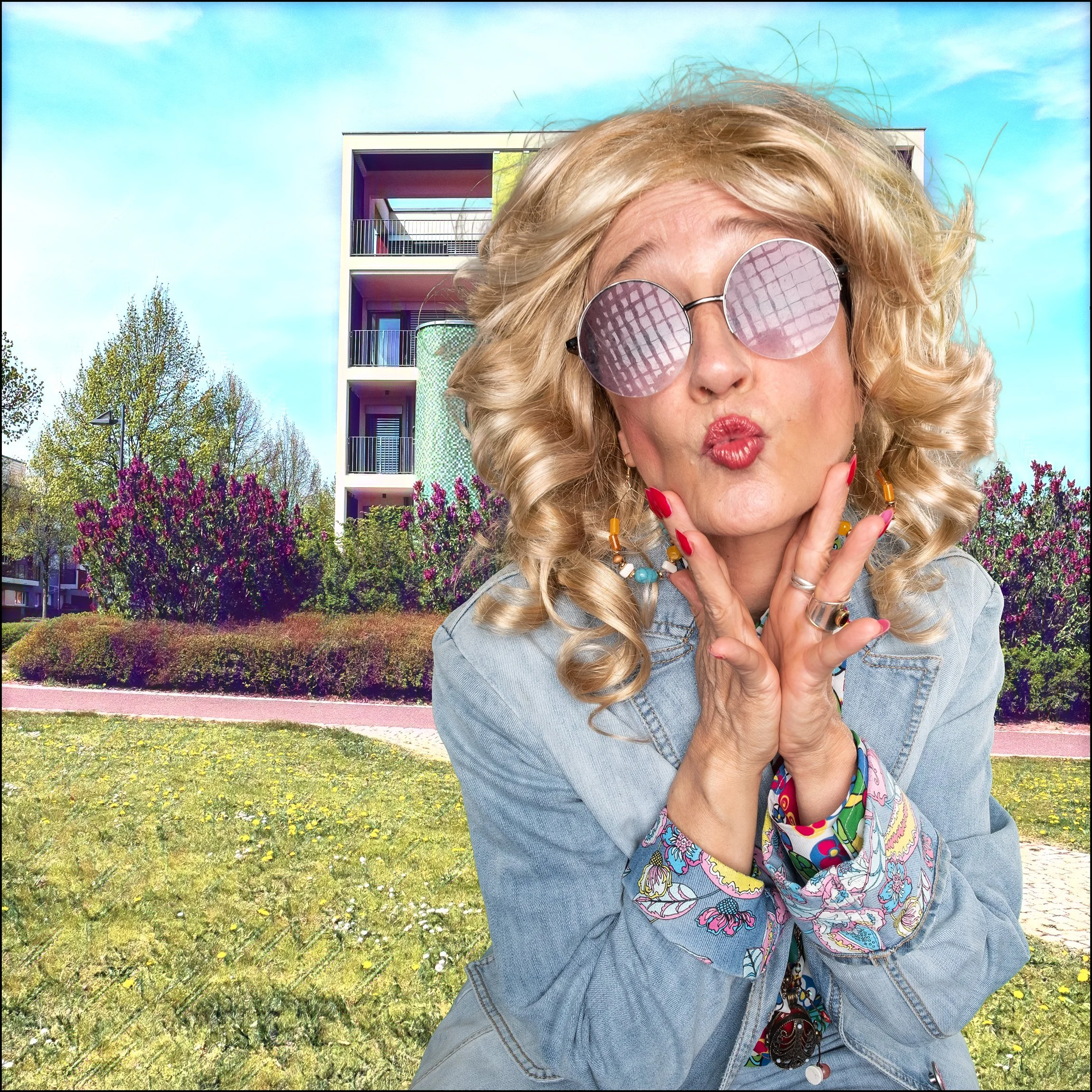 Eine Frau mit lockigem blondem Haar trägt runde Sonnenbrillen, eine Denim-Jacke und bunte Schmuckstücke vor einem Wohngebäude mit Bäumen und blühenden Sträuchern im Garten.
