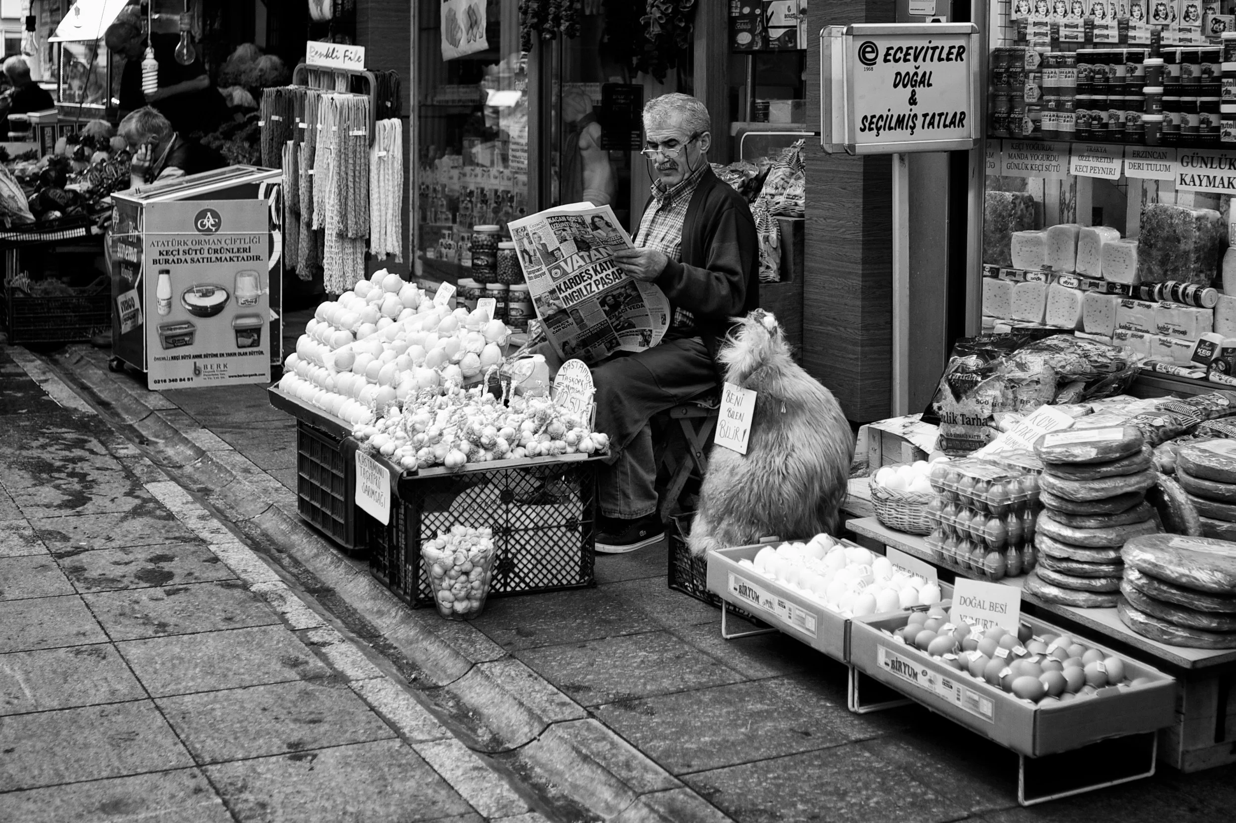 Ein älterer Mann sitzt an einem Straßengraben und verkauft Eier und andere Produkte. Er liest eine Zeitung, während ein Hund neben ihm sitzt. Es gibt Verkaufsstände mit Eiern, Käse und anderen Lebensmitteln.