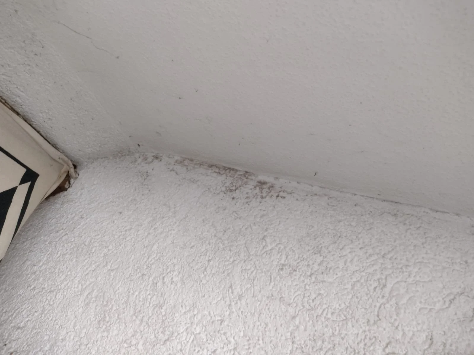 Ecke an einer weißen Wand und Decke mit sichtbaren dunklen Schmutz- und Schimmelspuren.