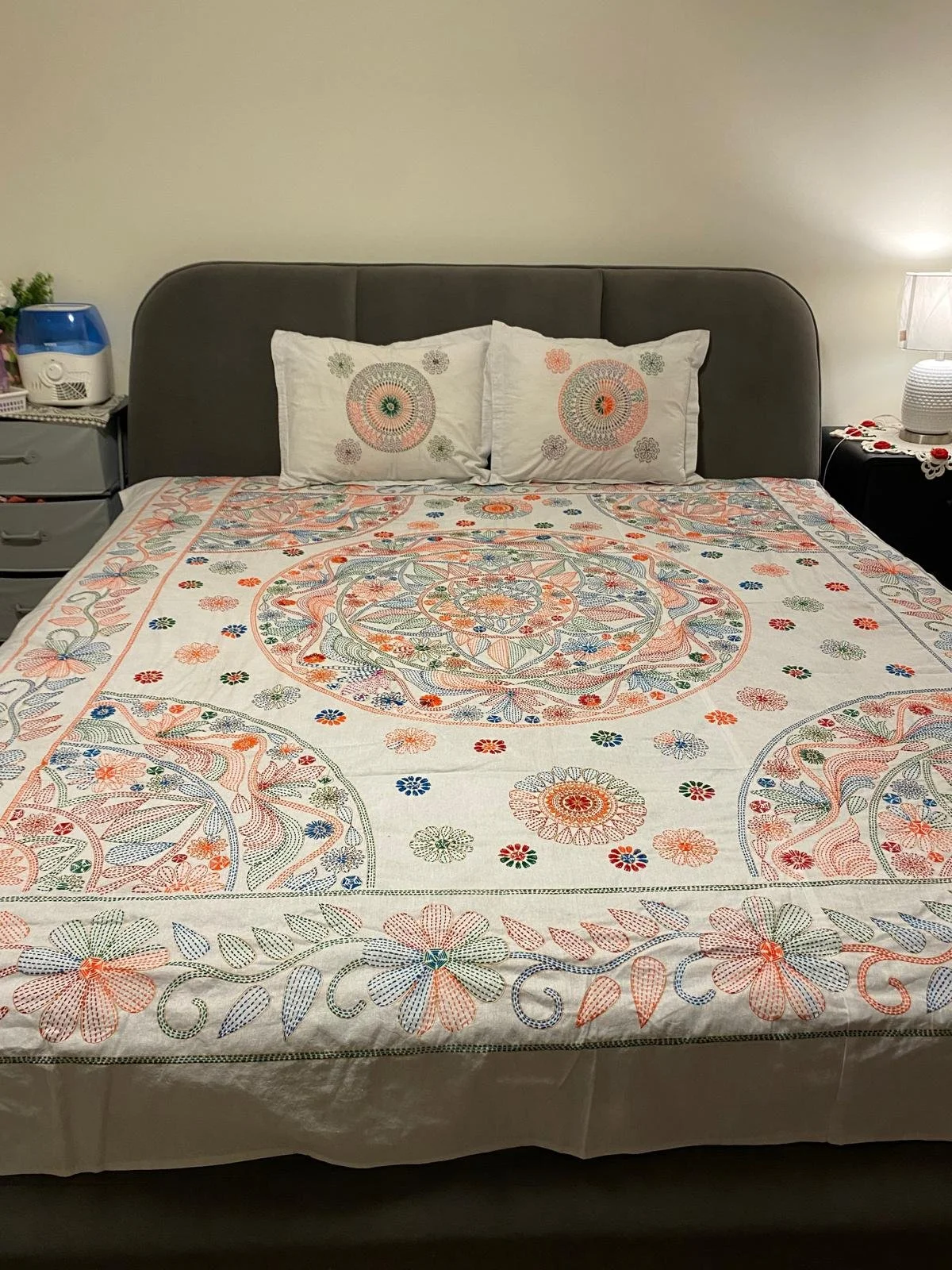 Hand-Embroidered Floral Bedspread Set