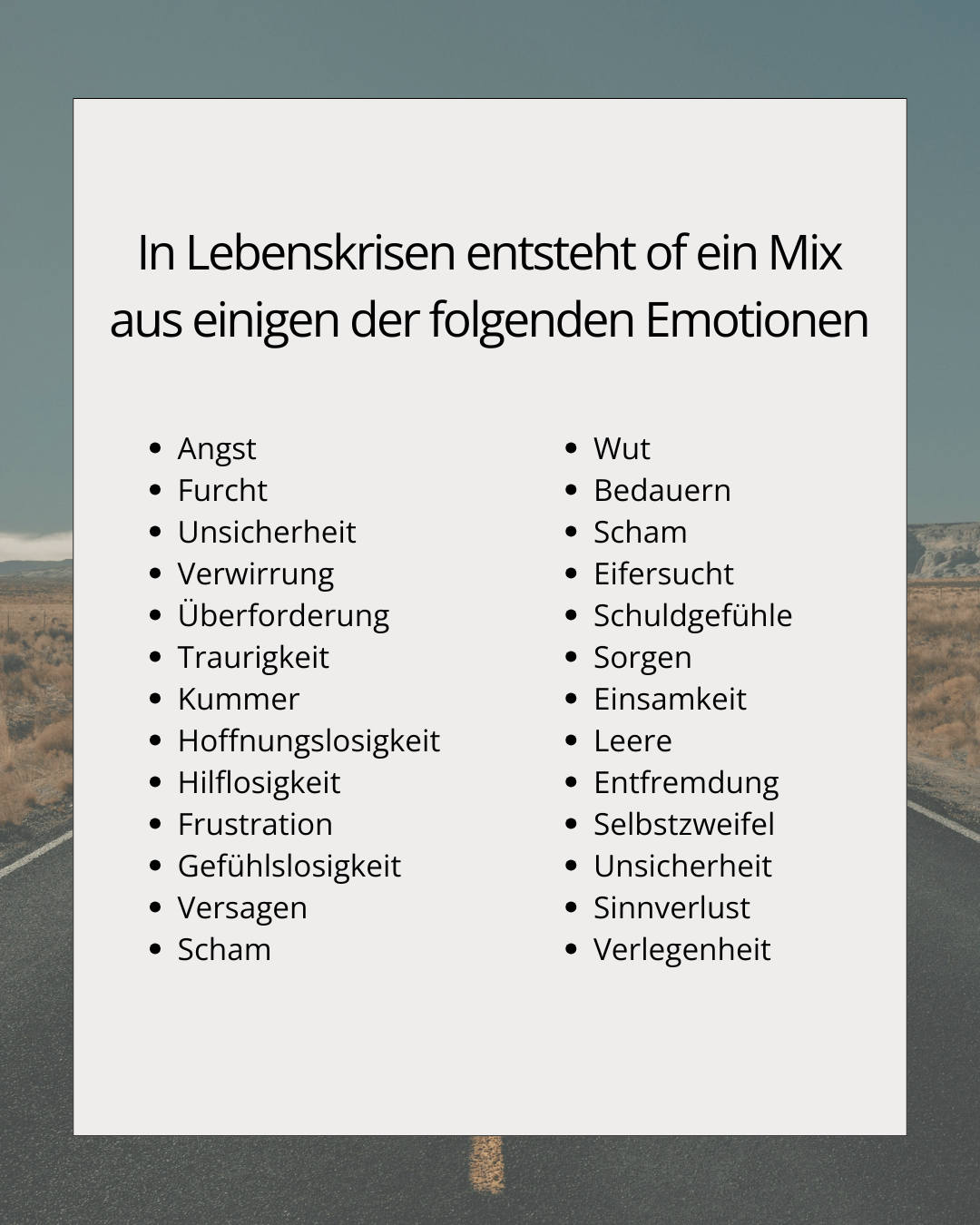 Textliste mit Emotionen, die in Lebenskrisen entstehen können, inklusive Angst, Wut, Traurigkeit, Einsamkeit und Unsicherheit.