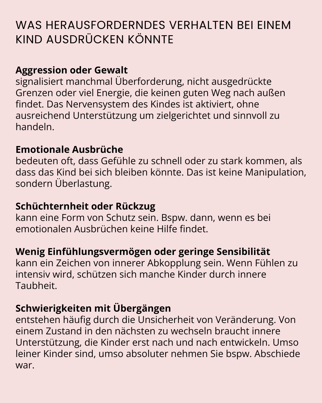 Textblock mit Tipps zum Umgang mit herausforderndem Verhalten bei Kindern, enthält Abschnitte über Aggression, emotionale Ausbrüche, Schüchternheit, geringe Empathie und Übergänge.
