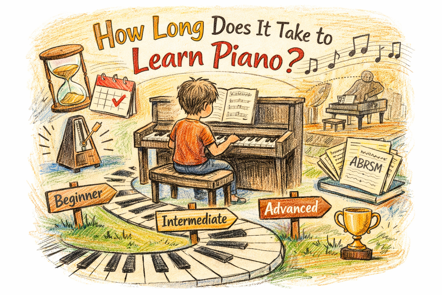 student learning piano with a path from beginner to advanced, symbolizing how long it takes to learn piano through consistent practice.