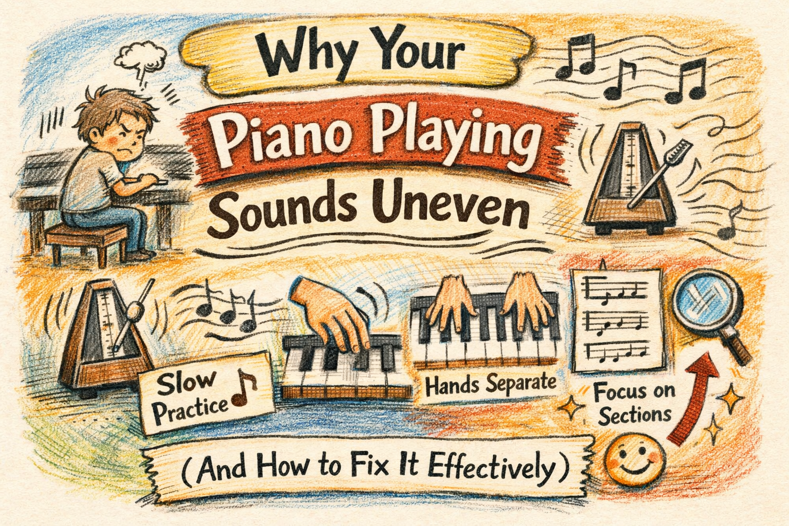 Pastel illustration of a piano student practising uneven notes while a teacher guides them toward smoother playing.