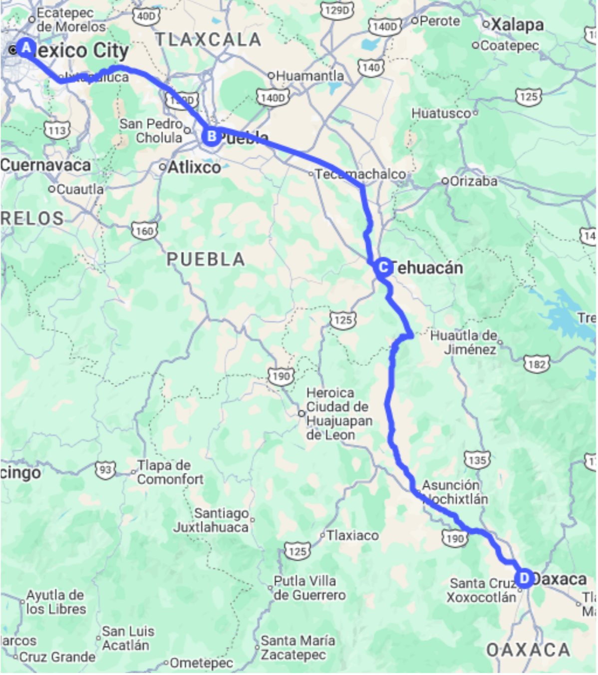 Mexico City to Oaxaca Route Map — Día de los Muertos Travel Pins