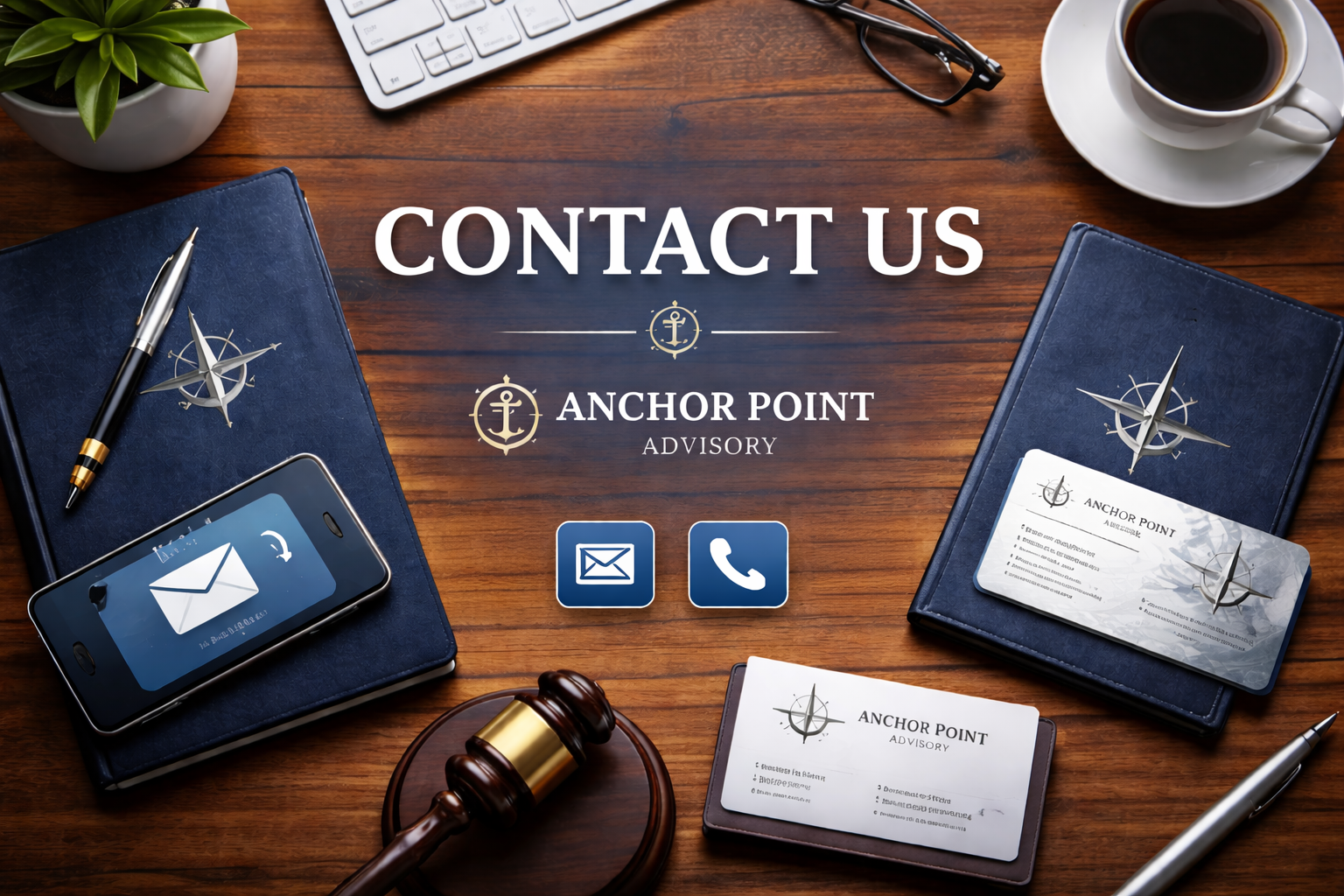 A wooden desk setup with a keyboard, glasses, cup of coffee, potted plant, blue folders, and business cards, with overlay text "Contact Us" and logo of Anchor Point Advisory.