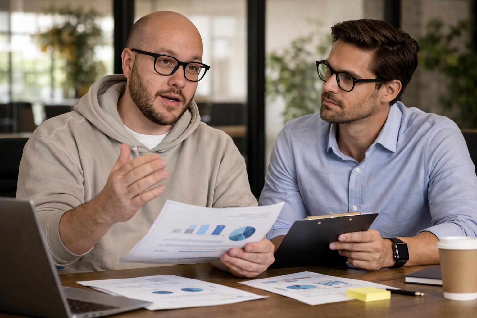 Two men are in a discussion at a meeting table, with documents, a laptop, and a coffee cup present; one man is gesturing with his hand while talking and the other is listening.