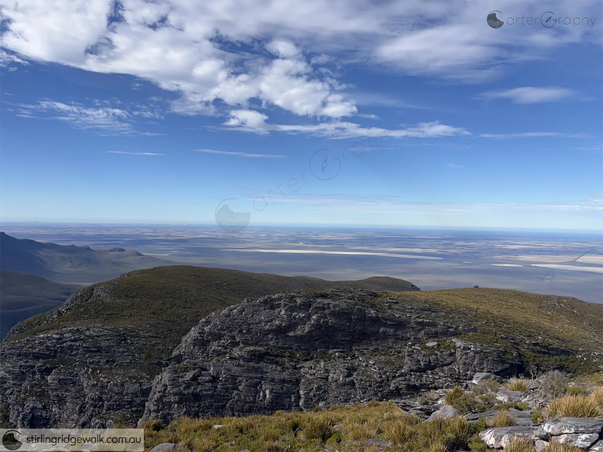 Looking east from Bluff Knoll towards East Bluff plateau, with Giants Cairn visible on its summit and East Peak behind.