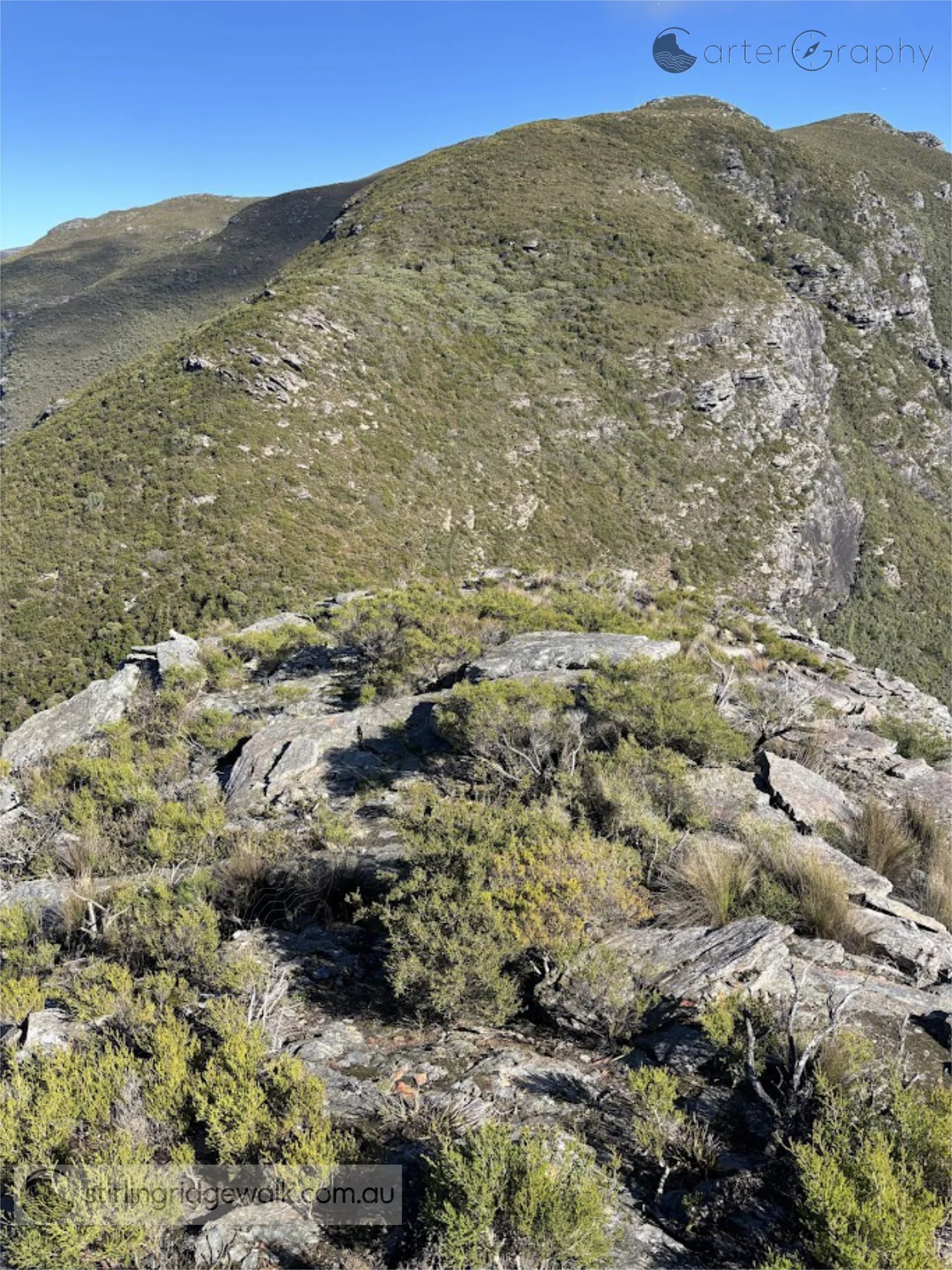 Taken from the Intermediate Ridge, looking west towards Isongerup Peak in the background, with the prominent ridge leading out from Sheoak Col towards Isongerup Peak clearly visible. Sheoak Col is not visible from here.