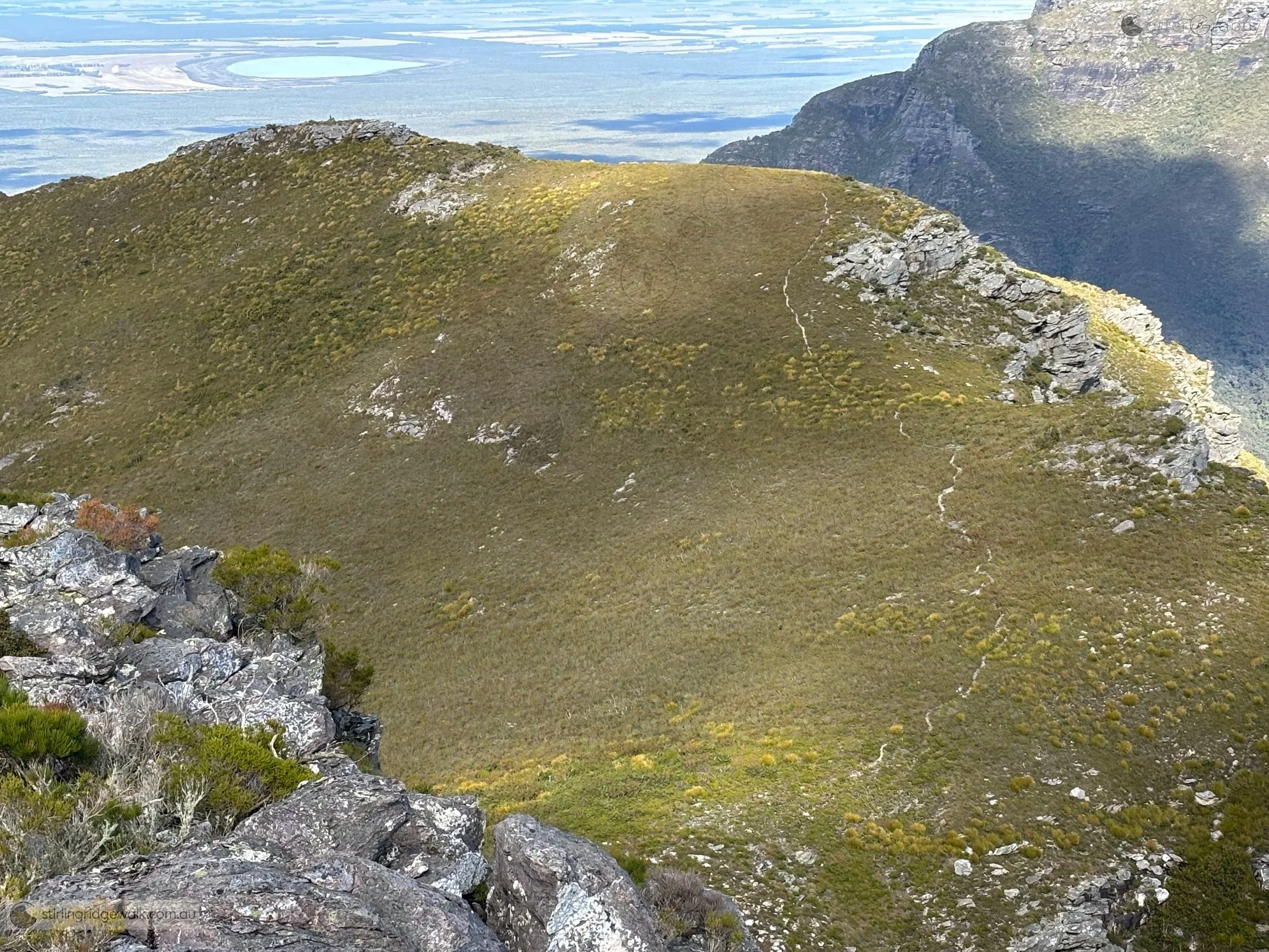 Looking south west to Isongerup South Peak from Isongerup Main Peak. Track to Isongerup South Peak is clearly shown.