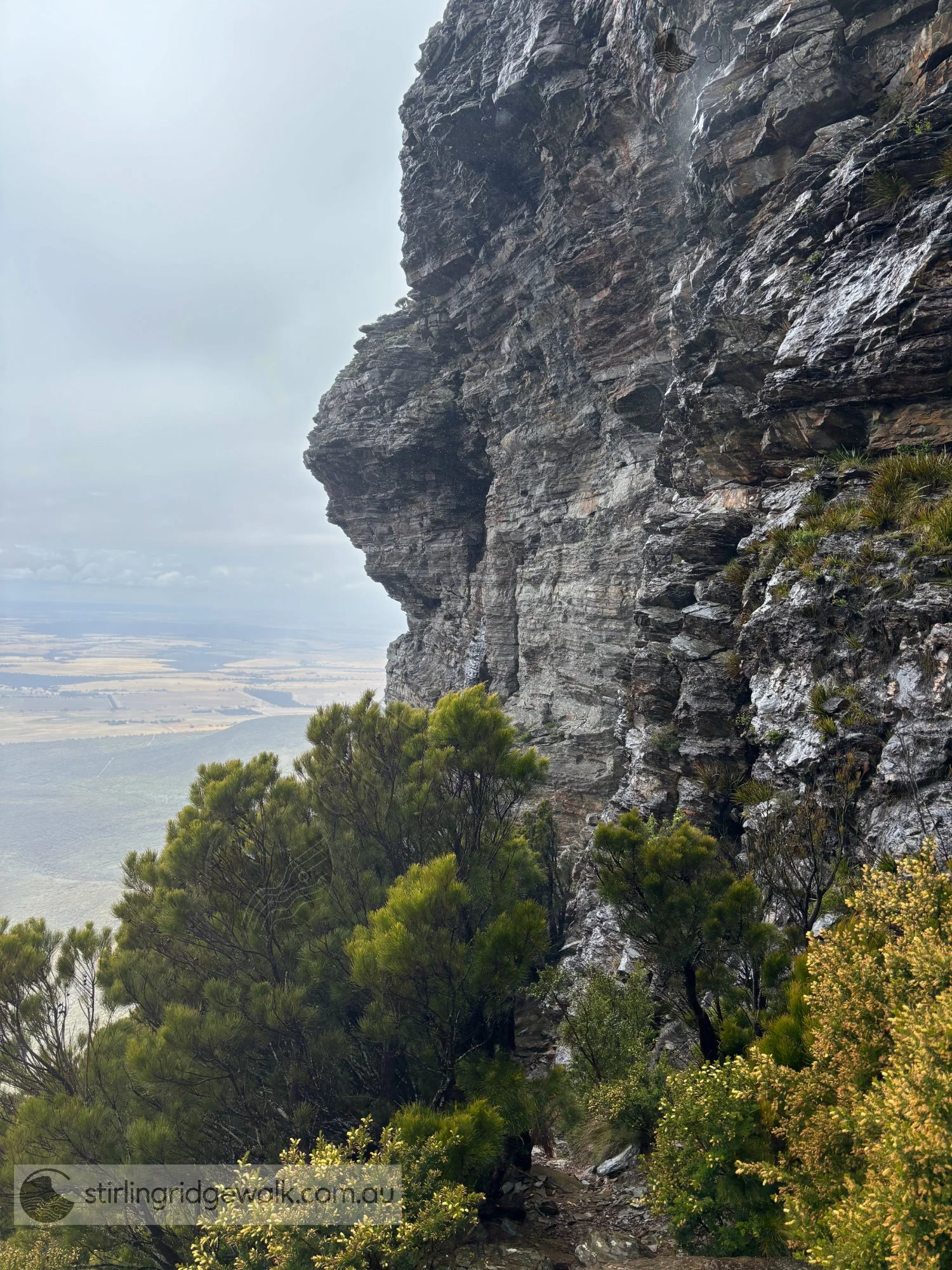 Traversing around the north west base of Ellen Peak beneath the steep rock face, with farmland and plains stretching away to the north. The North Boundary Track can be seen running east to west, parallel to the farmland.