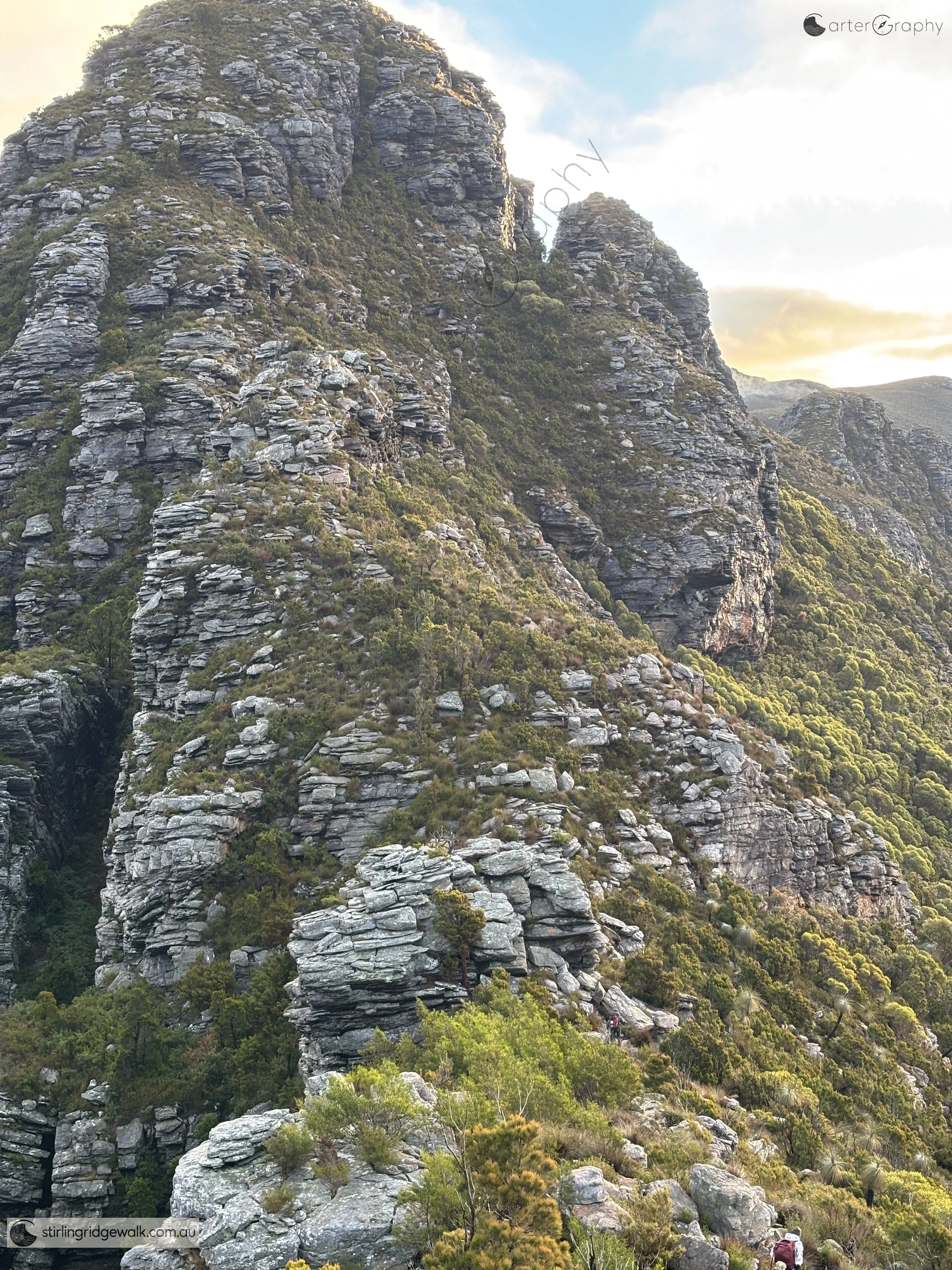 Looking west from the north west flank of Baker’s Knob towards 3rd Arrow. The Rock Turret dominates the foreground, with 3rd Arrow summit at the upper left and the smaller North Buttress to its right.