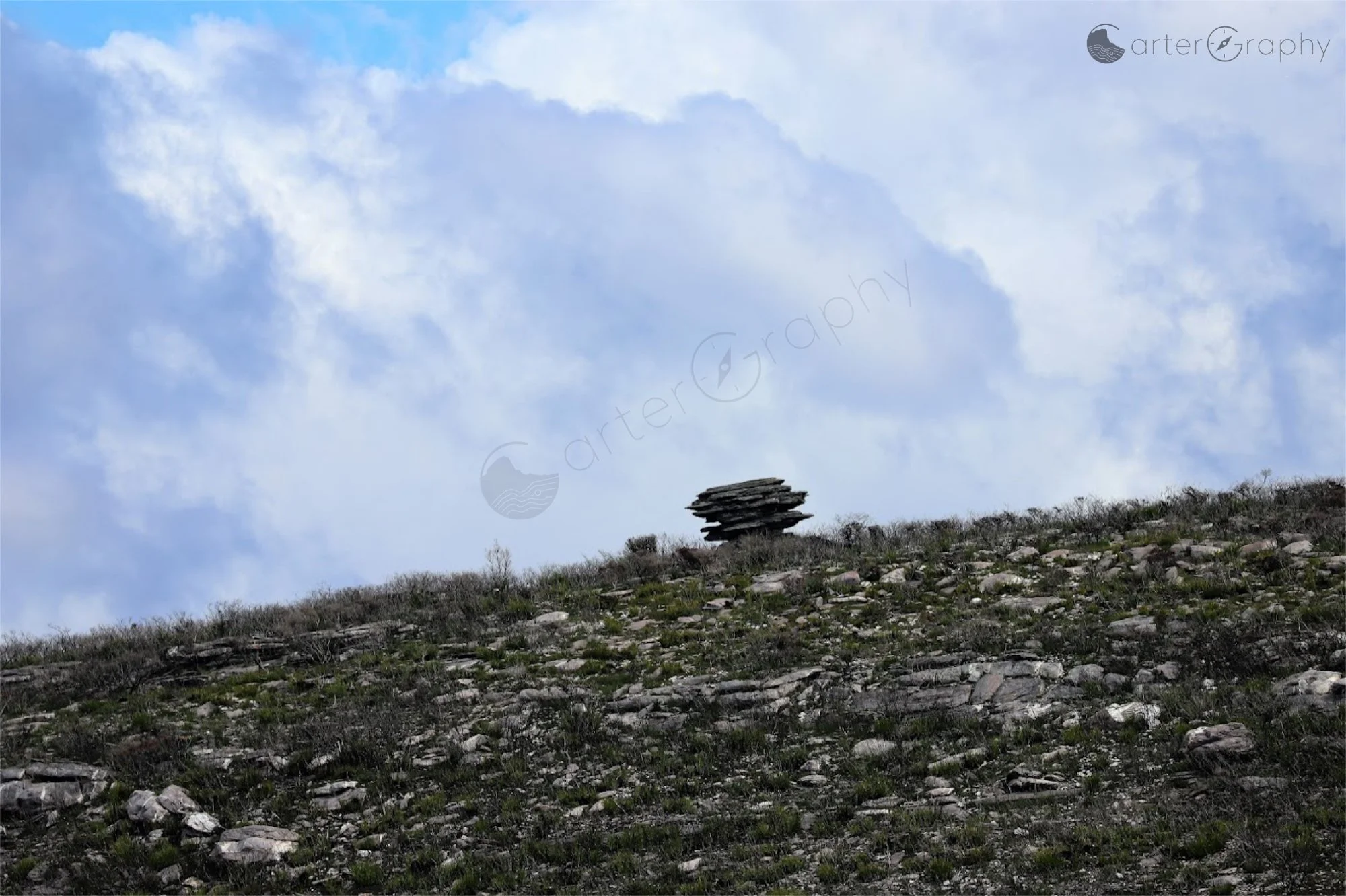 View of prominent landmark the "Giant's Cairn" on the plateau of East Bluff. This is visible from Bluff Knoll summit and East Peak.