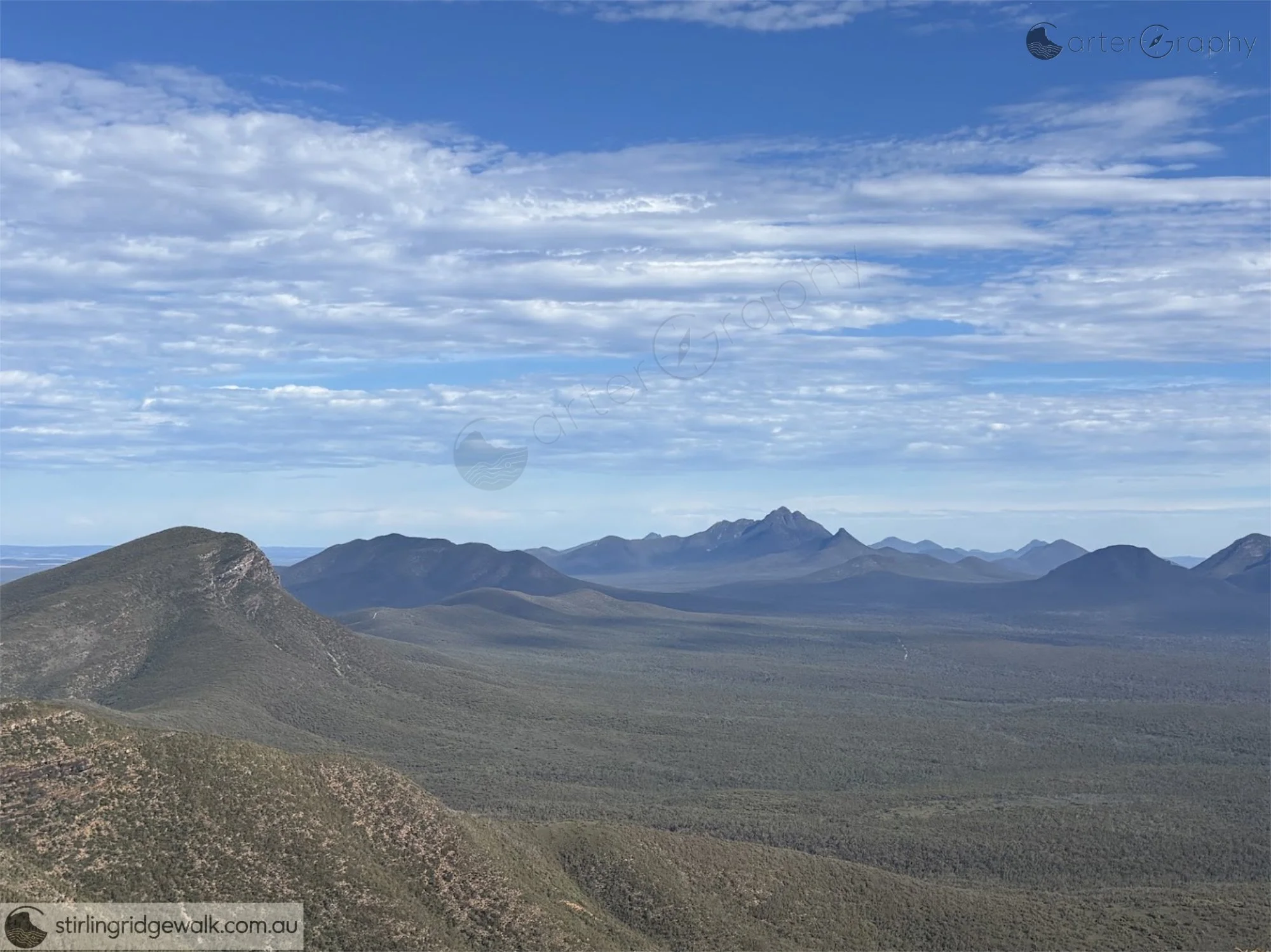 1035 View from the ascent of Bluff Knoll, with Mount Toolbrunup just right of centre and the rounded dome of Mount Hassell to its right.