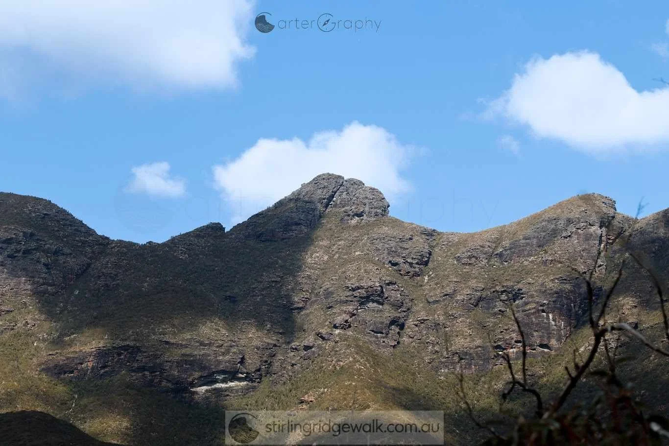Looking towards the 3rd Arrow from the the North Boundary Track. Little Arrow is visible on the left, with 1st Arrow summit forming the prominent highest point immediately to its right, followed by Central Buttress and North Buttress. The large 3rd A