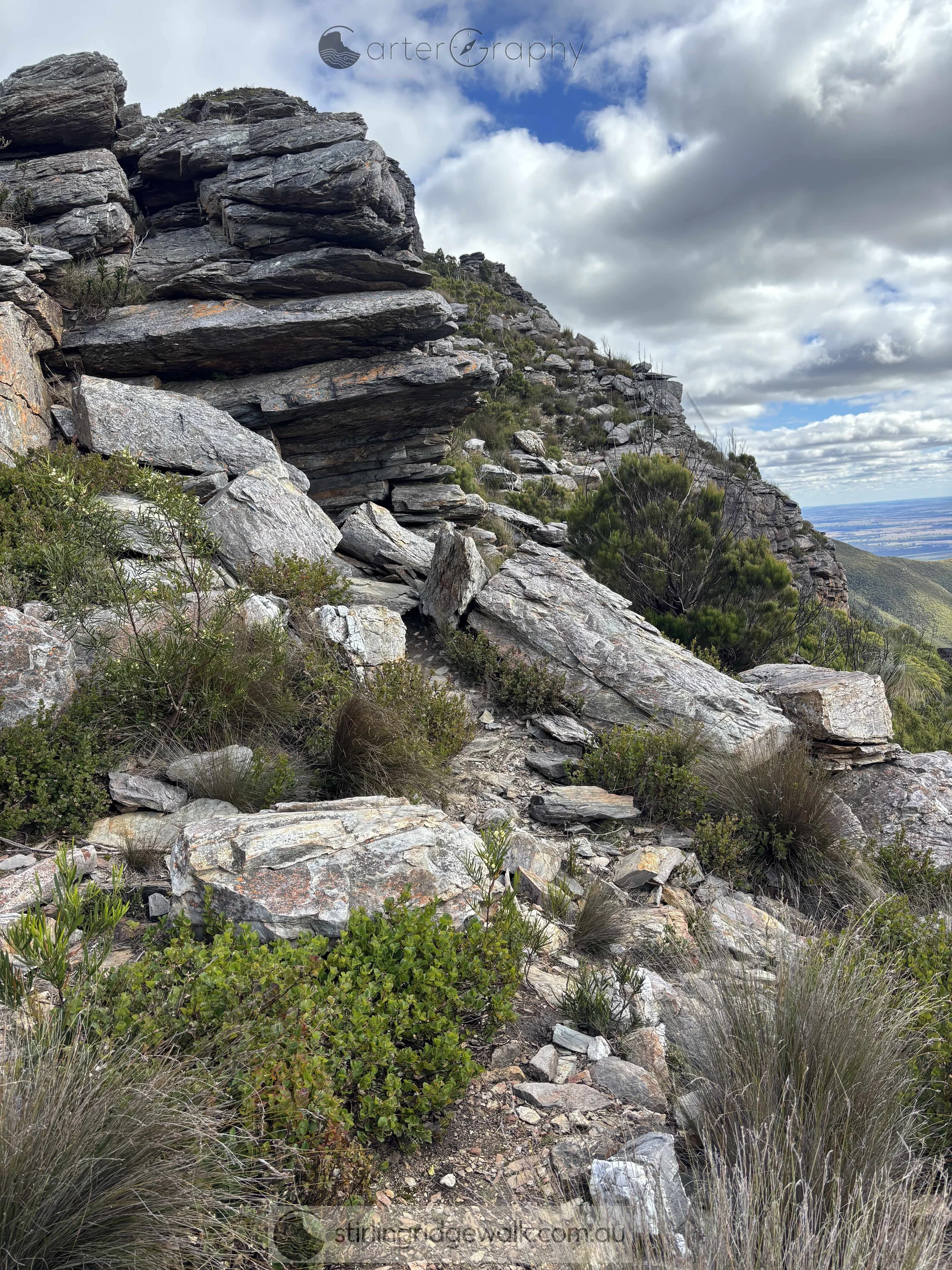A closer view of the Rock Turret, with Little Arrow and 3rd Arrow extending along the Stirling Ridge Walk to the west beyond it.