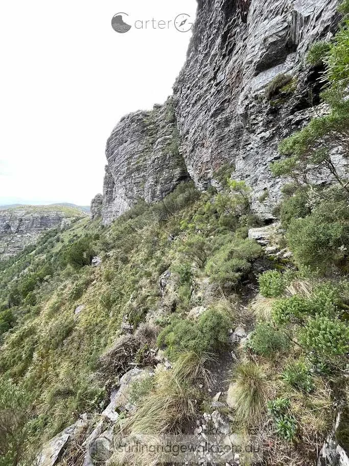 Following the traverse along the southern side of Pyungoorup Peak towards 3rd Arrow. In the middle of the photograph, the green vegetated line marks an old route known as the Rake, which climbs towards Pyungoorup Peak summit. This route is considered