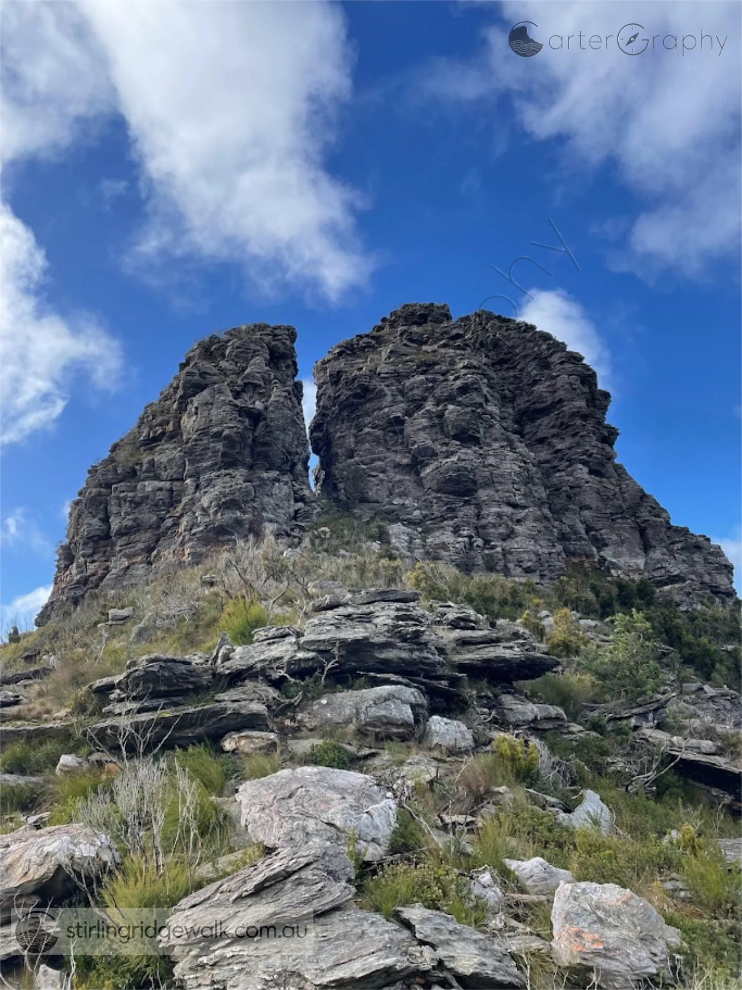 Looking east from the saddle between 3rd Arrow and 2nd Arrow towards Central Gully, with North Buttress on the left and Central Buttress on the right.