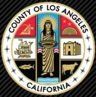 Seal of Los Angeles County, California, featuring a woman with a scale in the center, a ship, a lion, a building, a sheep, and a rainbow, with the text 'County of Los Angeles California' around it.