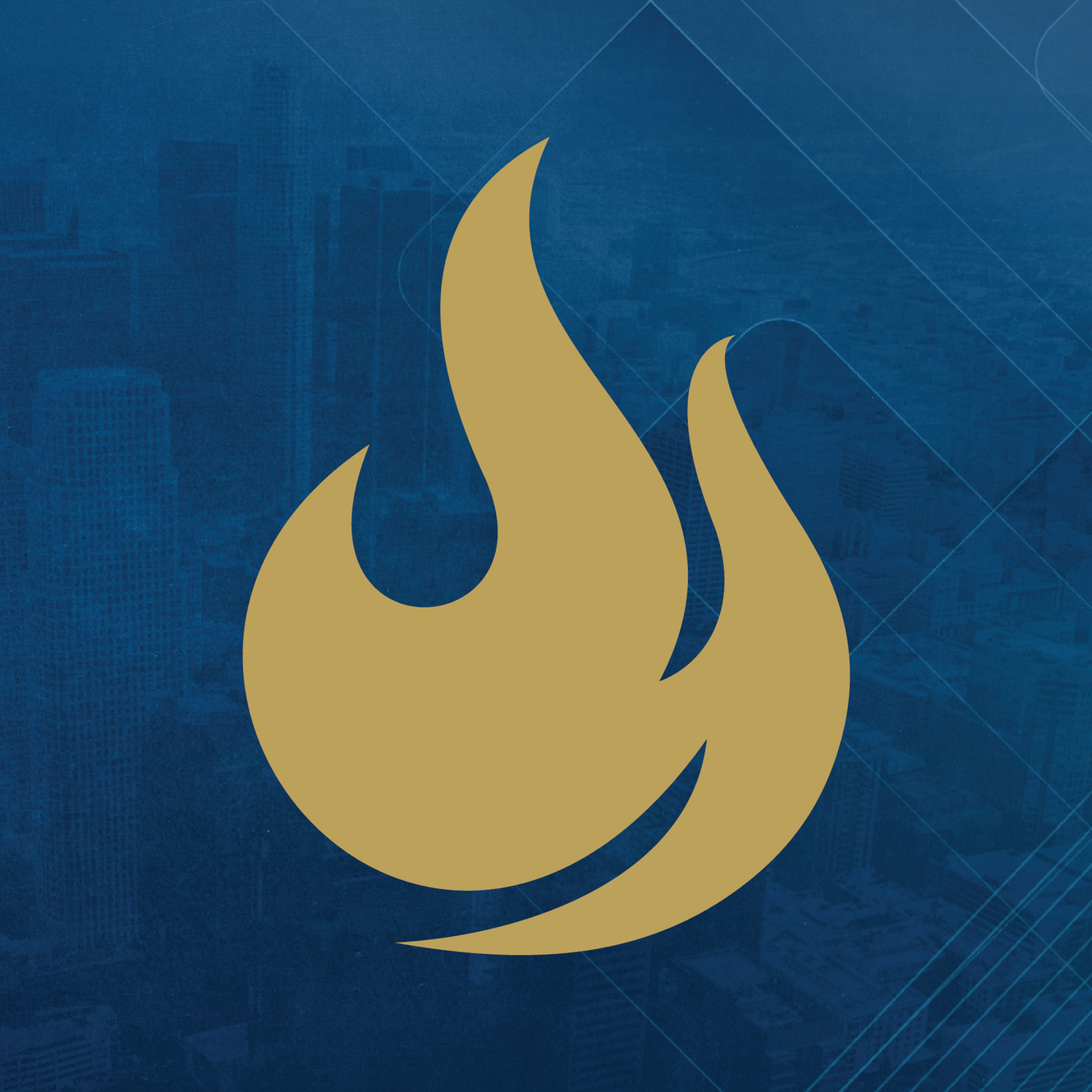 A stylized gold flame icon on a blue background with faint cityscape and geometric lines.