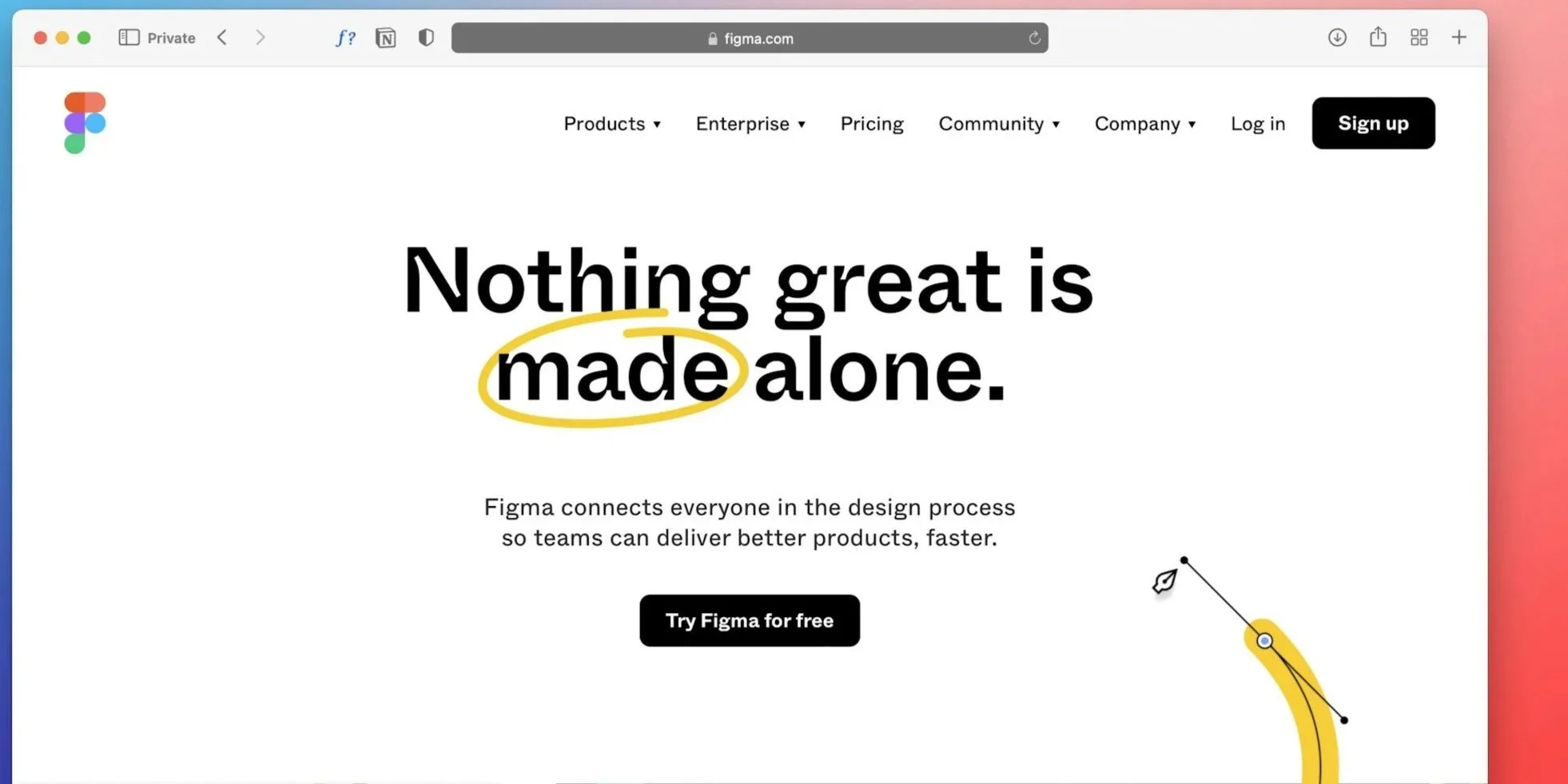 Screenshot of Figma website homepage with the text "Nothing great is made alone" and a button that says "Try Figma for free".