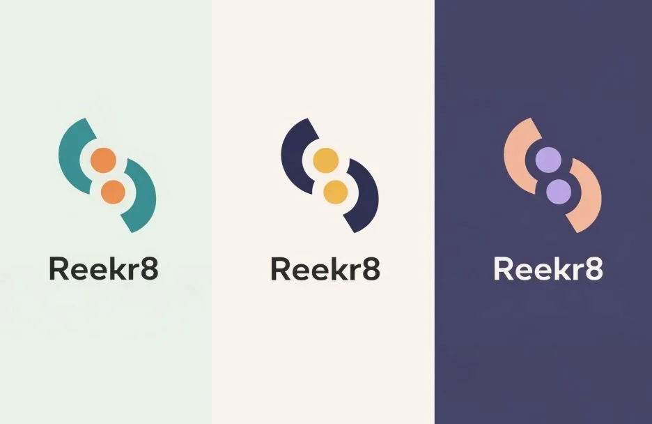 Three variations of a logo with circular and half-circle shapes and the text 'Reekr8' underneath, each on a different background color.